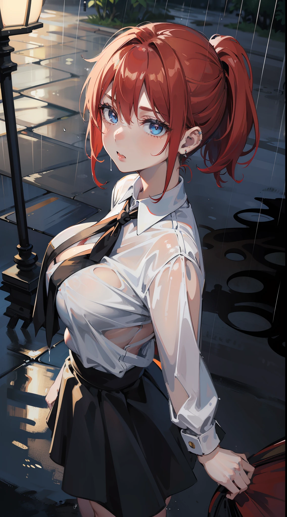 1 girl,  solo, red hair, short ponytail, blue eyes, drizzling, roadside, ,under the lamp post, night, , white shirt , black tie, piercings, big boobs, puddle, wet, gloomy, short vans, Camera angle from above,Rain storm