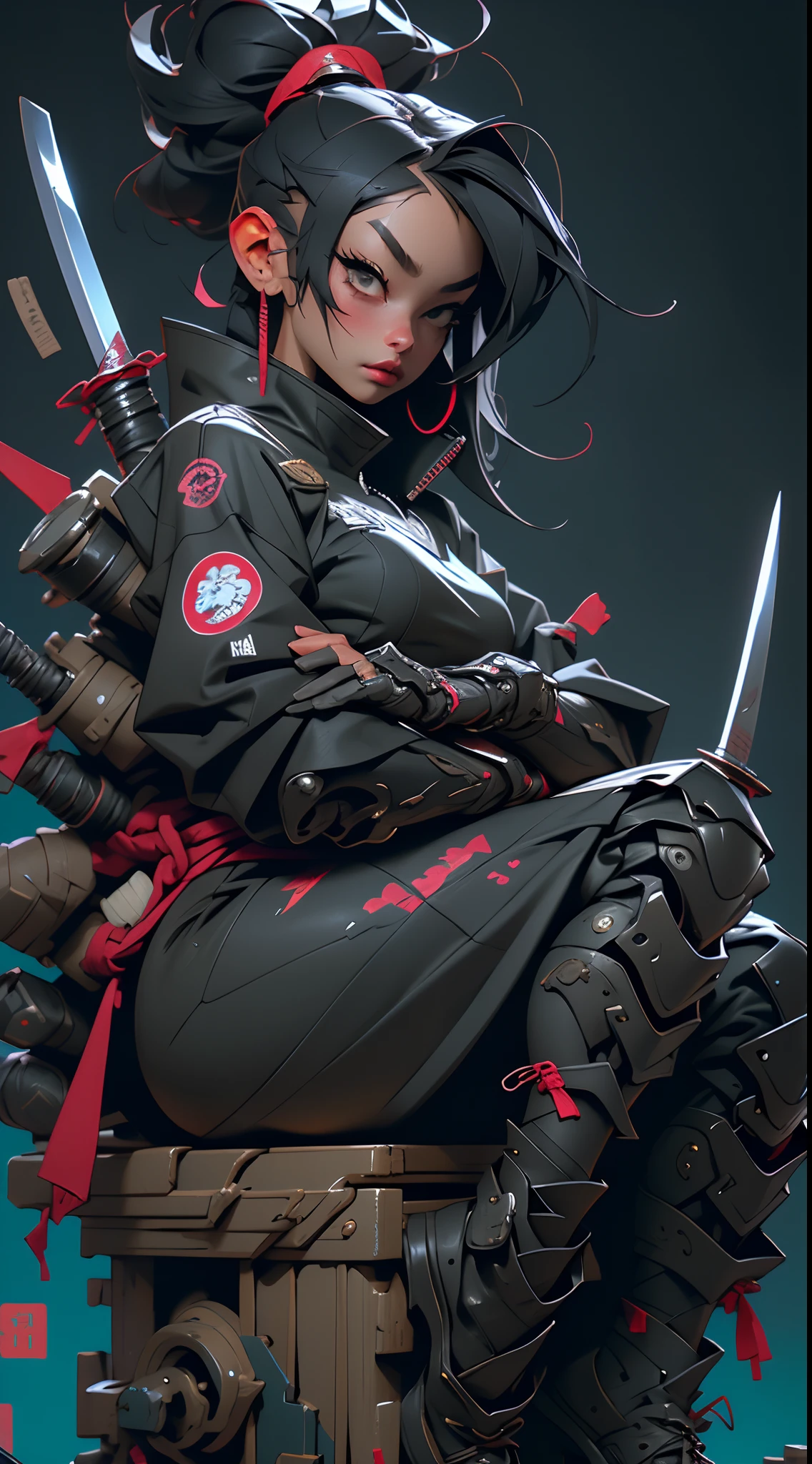 The woman, sitting on a box with two swords in her hand, very beautiful cyberpunk samurai, Wearing Japanese technical clothing, wearing techwear and armor, anime cosplay, photograph of a techwear woman, cyberpunk samurai, Cyberpunk streetwear, Samurai style, Techwear Fashion, Future technical clothing, Samurai equipment, Anime Girl Cosplay, Appearance and clothing of Techwear, cyberpunk nun warrior, techwear