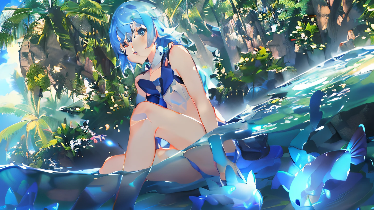 Anime girl sitting on stone and fish in water, wallpaper anime blue water, Best Rated on pixiv, 2 d anime style, anime lush john 8k woods, author：Shitao, pixiv contest winner, Anime girl walking on water, Water type, pixiv 3dcg, zerochan art, Official artwork, offcial art, Rem Rezero