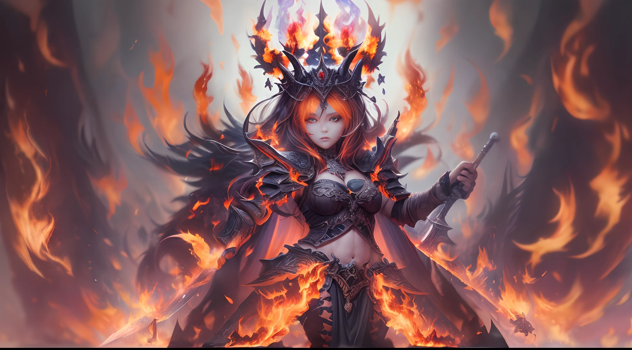 (panorama:1.5),(low angle view:1.5), (full body:1.5),1 Female Demon Warrior, skull, black armor, (holding a flaming sword:1.4), Skeletal ram horns crown, (Flame Shoes:1.5), Dynamic Digital Painting, (Bokeh:1.5),masterpiece, super detailed, epic composition, highest quality, 4K