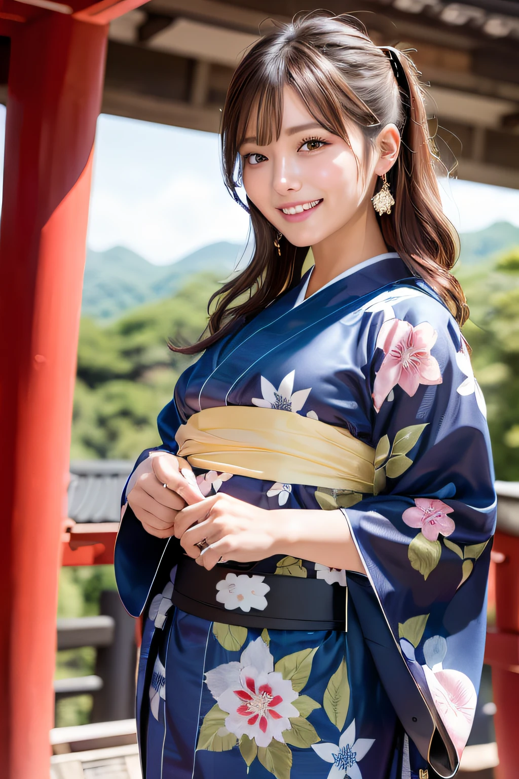 (masterpiece:1.3), high resolution, ultra detailed, extremely detailed CG unity 8k wallpaper, realistic, photo-realistic, RAW photo, beautiful detailed face, pale skin, realistic glistening skin, detailed cloth texture, detailed hair texture, Perfect body, Beautiful Face, accurate, Anatomically correct, Highly detailed face and skin texture, natural neck length, (beautiful hands), (fair skin:1.2), Thin legs, Thin feet, Beautifully aligned teeth,
BREAK,
Detailed eyes, symmetric eyes, Light Brown eyes, Double eyelids, Thin eyebrows, (Glossy lips:1.4), ((happy smile:1.2)), (blush:1.1),
BREAK,
(A Very Cute girl:1.3), ((wearing a Luxury Yukata:1.3)),
medium large breasts, (slender figure:1.1), firm abs,
(Dark blonde hair, wavy hair, long hair:1.2), ((asymmetrical bangs:1.2)),
BREAK,
((Elegant standing posture:1.3)),
((in the Kiyomizu-dera Temple of Kyoto:1.4)), (Cowboy shot:1.2), looking at viewer, from front:0.65,