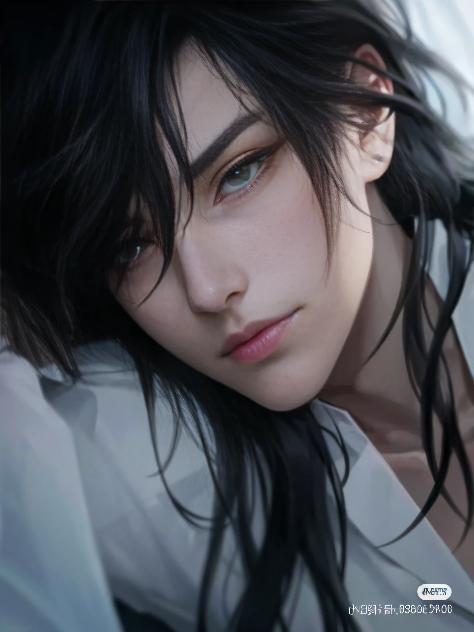 Handsome boy lying on bed with long black hair and green eyes, Stunning anime face portrait, Smooth anime CG art, Detailed digital anime art, handsome guy in demon killer art, by Yang J, Wolf Art style, Detailed anime soft face, 4K anime wallpaper, Beautiful anime face, a beautiful anime portrait