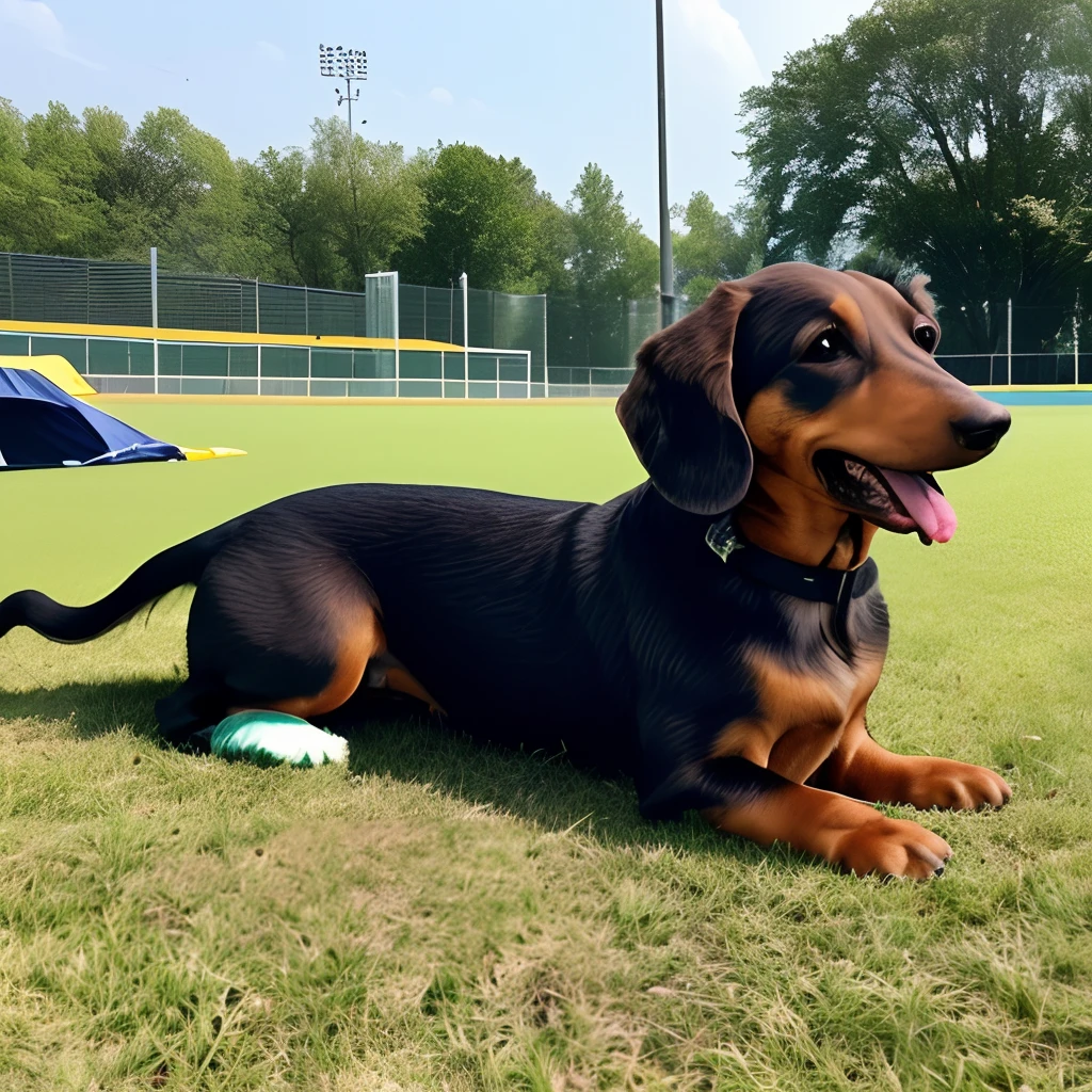 Long fur dachshund, (((Masterpiece, 8K, highest precision,))) Black tan, black: 1.5 and brown: 0.3, (((Long fur, long wavy fur)) long fluffy hair, (Short legs,))) mouth open, tongue out, heavy breathing, laughing face, on the grass of the sports park, strong sunlight, sun,