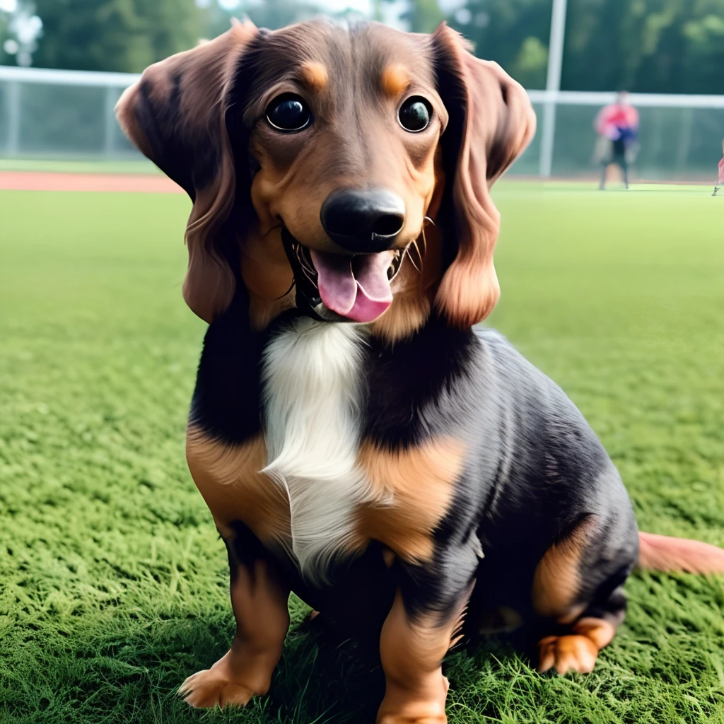 Long fur dachshund, (((Masterpiece, 8K, highest precision,))) Black tan, black: 1.5 and brown: 0.3, (((Long fur, long wavy fur)) long fluffy hair, (Short legs,))) mouth open, tongue out, heavy breathing, laughing face, on the grass of the sports park, strong sunlight, sun,