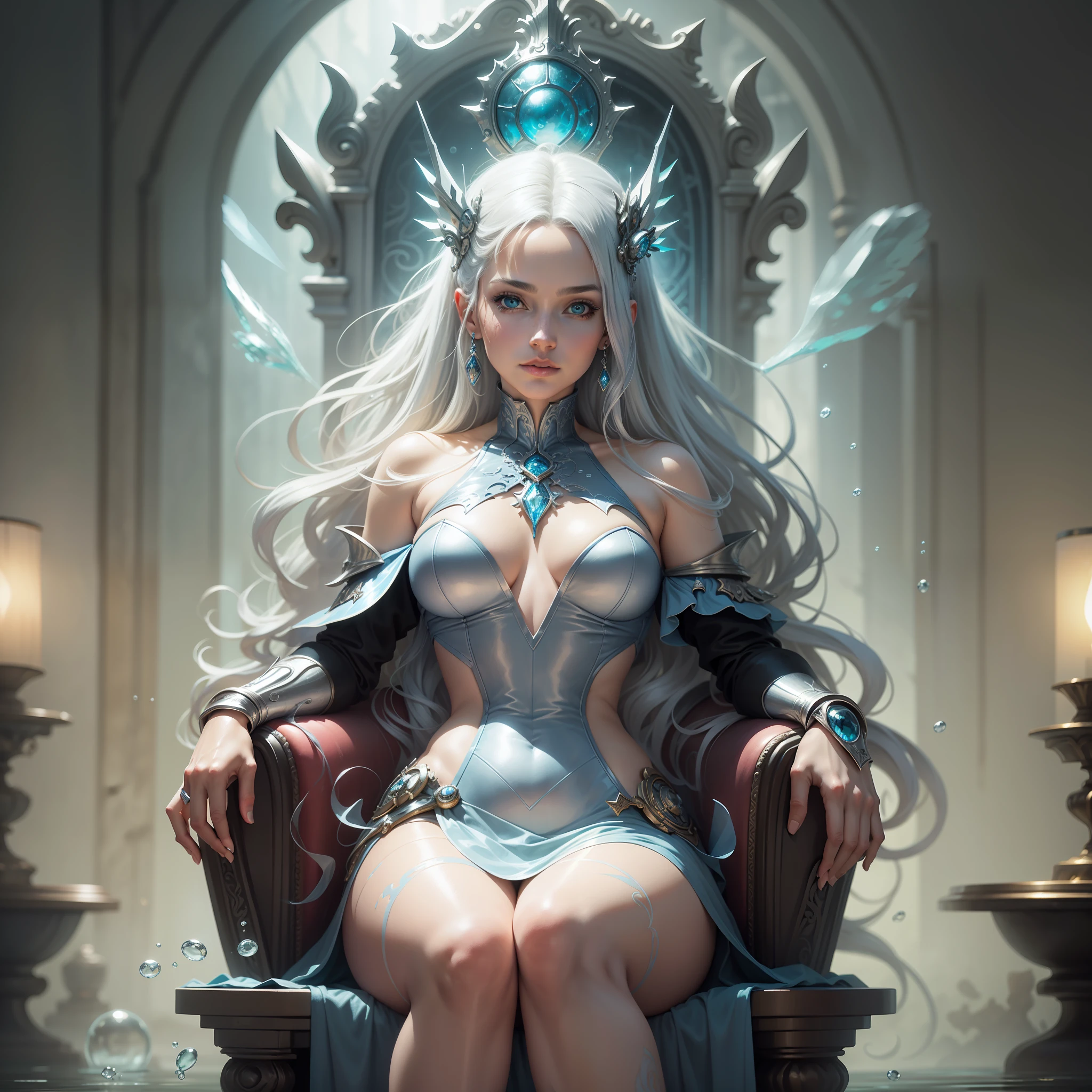 there is a woman sitting on a stool in a room, sitting in her throne underwater, closeup fantasy with water magic, cyborg - girl with silver hair, sitting on the porcelain throne, sitting on ice throne, on an icy throne, art nouveau octane render, sitting on her throne, sitting on a metal throne, silver hair girl, sitting on a stool, by Jaime Frias, Best quality, realistic, award-winning illustration in color, (complicated detail: 1.2), (fine detail)