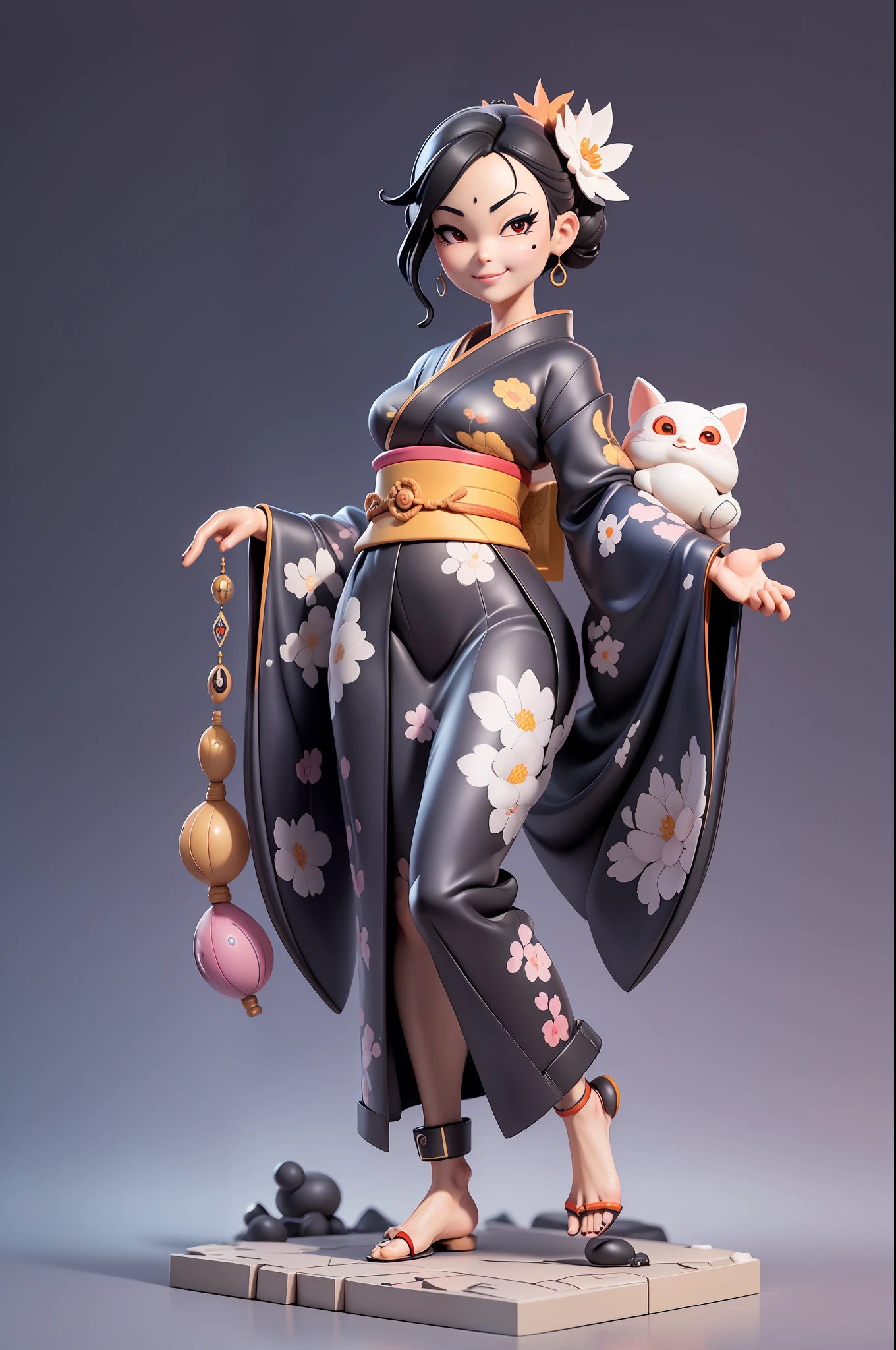 (Masterpiece), (Excellent), (Super Meticulous), (Full Body: 1.2), (Figurine:1.4), Super Beautiful Woman, Japanese Female in stunning kimono, Beautiful, Sakura leaves pattern, Sexy, Bursting, (mature face:1.4), Oriental Face, TV Anchor, Bust Portrait Illustration, Alone, Black Suit, Blue Tie, Slightly Chubby Face, Very Clean Face, No Beard, Black Super Short Hair, Black Eyes, Confident Smile, 3c Computer Sub-Products, iPad, iPhone, Digital Painting, 3D Character Design by Mark Clairen and Pixar and Hayao Miyazaki and Akira Toriyama, The illustration is a high-definition illustration in 4K resolution with very detailed facial features and cartoon-style visuals.