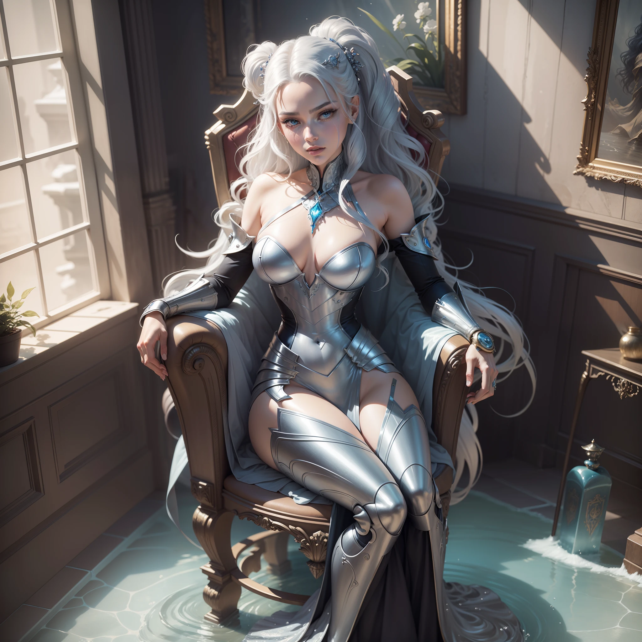 there is a woman sitting on a stool in a room, sitting in her throne underwater, closeup fantasy with water magic, cyborg - girl with silver hair, sitting on the porcelain throne, sitting on ice throne, on an icy throne, art nouveau octane render, sitting on her throne, sitting on a metal throne, silver hair girl, sitting on a stool, by Jaime Frias, Best quality, realistic, award-winning illustration in color, (complicated detail: 1.2), (fine detail)