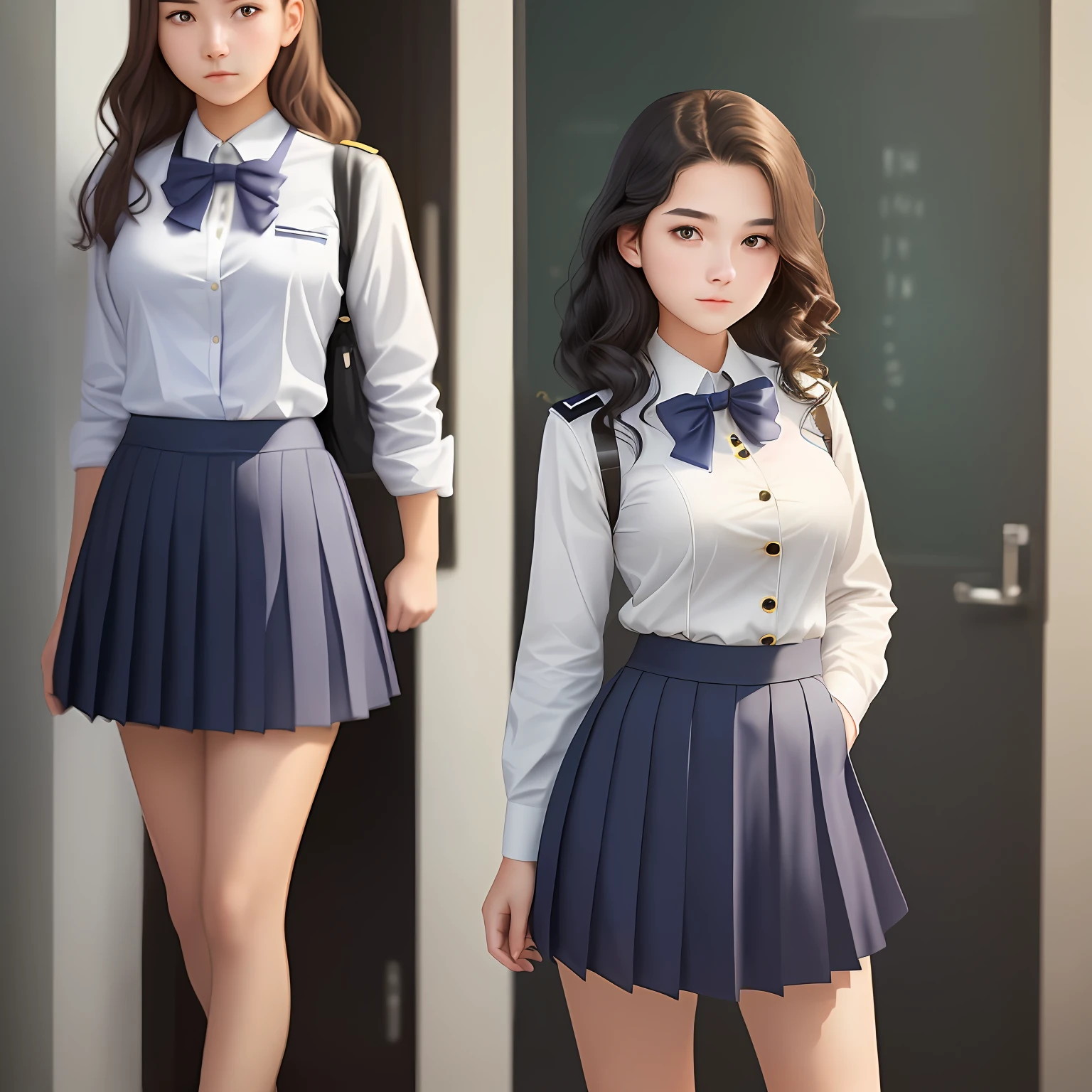 ((Medium-breasted, 19-year-old girl, Small head)), (()), (Perfect body: 1.1), (Young), (Short wavy hair: 1.2), Full body shot, (girl in uniform: 1.4, Pleated skirt, button- shirt), (((school uniform))