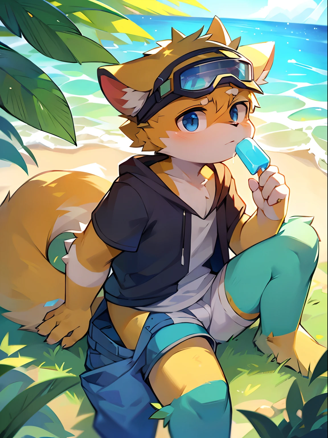 author:Jrjresq, author:Kirito, mammal, Furry, Male, Solo, wears, visor, Lick popsicles, Summer,