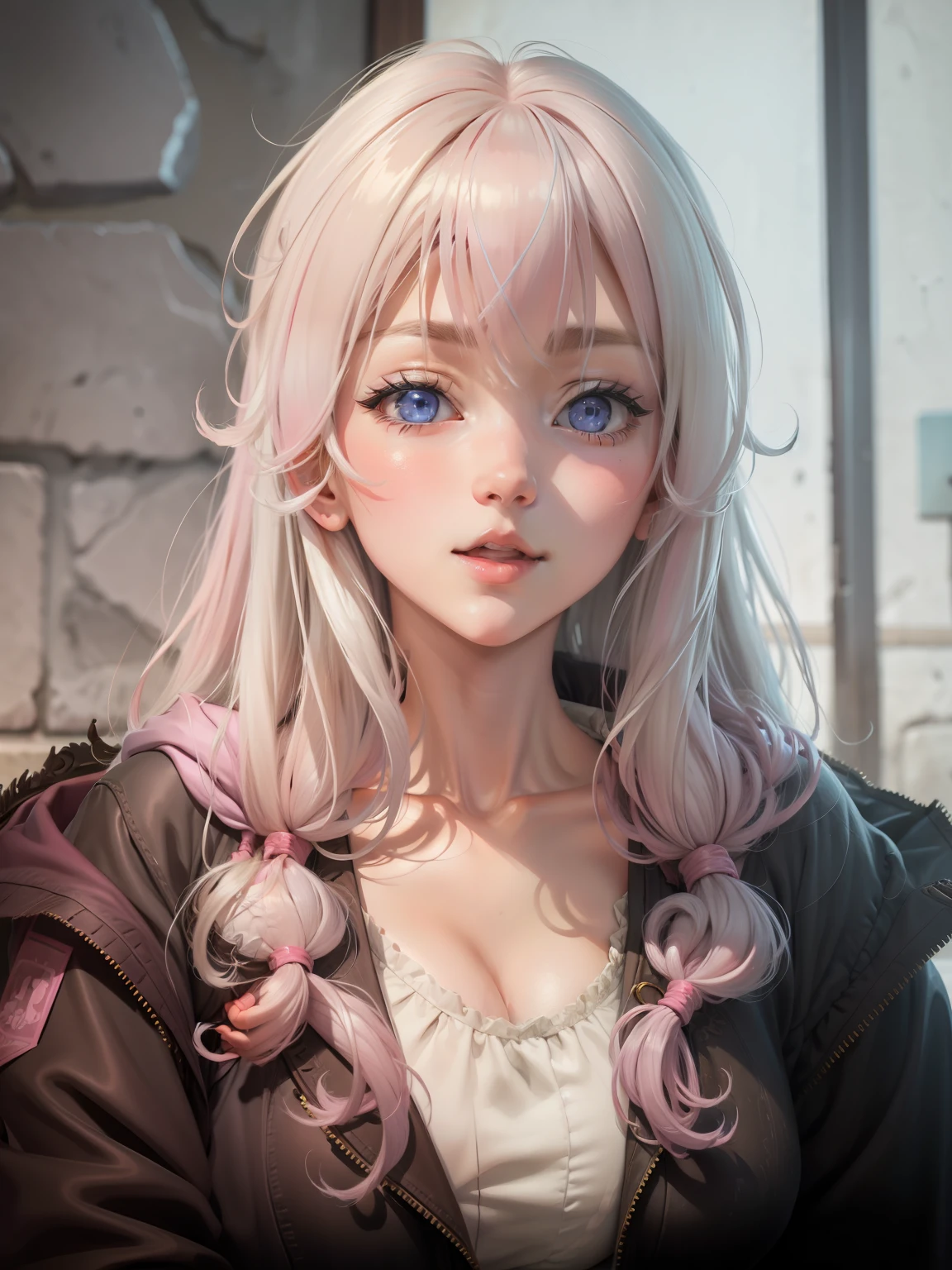 Anime Beautiful Girl,No bangs,Pink love pupils,Large breasts,cleavage