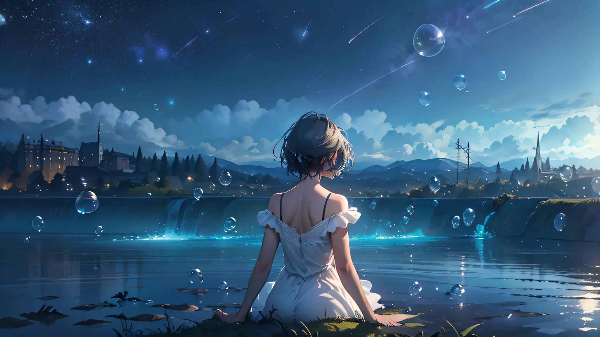 (Best quality), (masterpiece), (photorealistic), (realistic), ultra-detailed, unity 8k wallpaper, extremely detailed CG, ray tracking, sharp shadows, wonderful details, depth of field, Ultra detailed background, (background oriented, Horizon, reflection), starry sky twinkling in the fullness of the sky, Lots of water bubbles floating around. quiet night, midnight, Dramatic lighting, wide shot, shot from the grand, back shot, from below, perfect lighting, panoramic view, dynamic shot, (1 girl, green short hair, white Slip Dress, standing):0.8, standing water's surface, Full body, distant view, face not visible, looking far away, nature spreading out, no civilization in sight, no buildings,