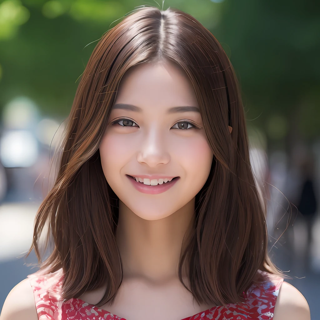 ((top-quality、8k、masterpiece:1.3))、1girl in、a smile、The upper part of the body、Good style、Slim Faces、Pretty women、(dark brown hair)、Full-length dresses:1.1、hyperdetailed face、A detailed eye、二重まぶた、blured background、Slim Faces、城市、takeout、a street、