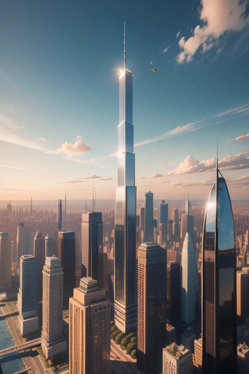 Raffle view of the city where planes fly over higher buildings, skyscrapers and flying cars, Buildings are flying, flying in the air over city, flying over city, in a flying city, soaring above a dense city, with tall glass skyscrapers, with shiny glass buildings, Floating city in the sky, Skyscraper on background