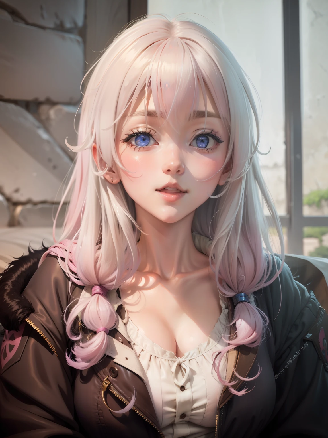 Anime Beautiful Girl，No bangs，Pink love pupils，Large breasts，cleavage
