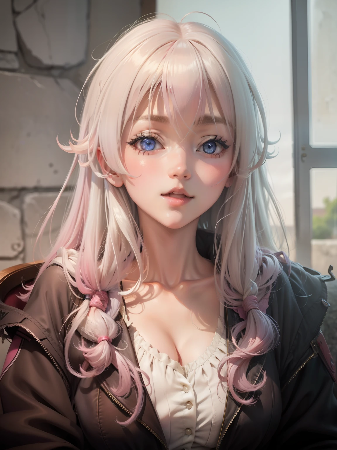 Anime Beautiful Girl，No bangs，Pink love pupils，Large breasts，cleavage