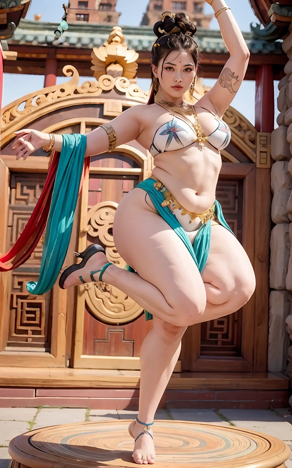 Beautiful ancient ladies,Xena's face,hair-bun,seminude,No underwear,,Tattooed with,Super tall,Oversized size,Side Body,Raised sexy,,Flying dance pose,curvy build,Plus-size models,massive bulge ,Chinese face,Background Ancient Palace,Masterpiece,super detailing,16k