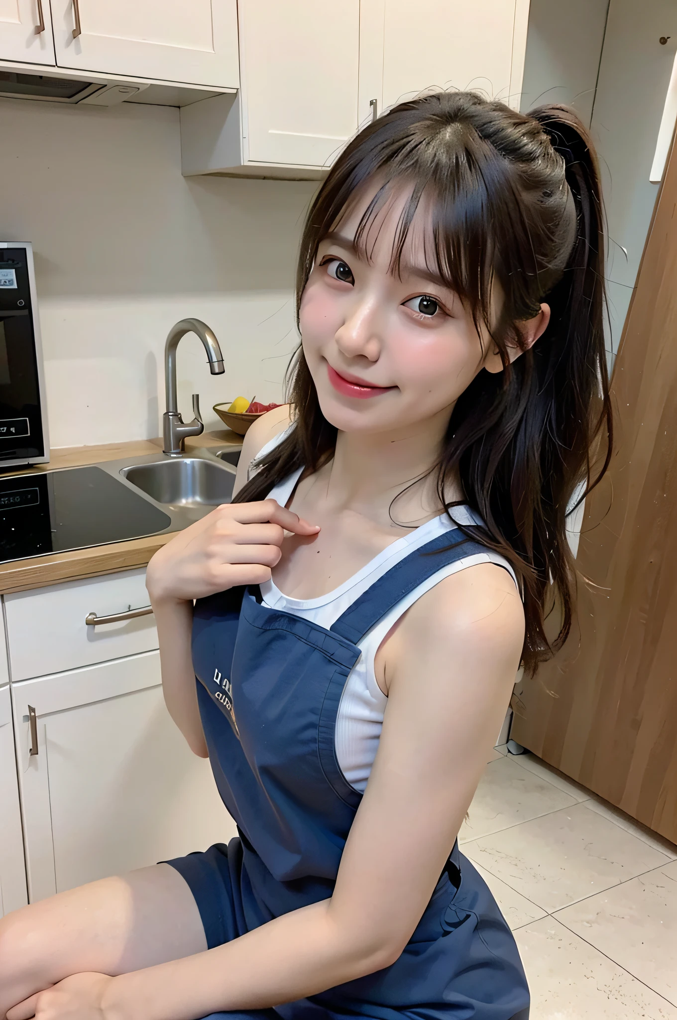 A woman cooking、(kitchin_aprons:1.Wear 3)、nice hand、4K、A high resolution、tmasterpiece、top-quality、wear cap:1.3、((hasselblad photograph))、Fine skin、foco nítido、(lighting like a movie)、Soft lighting、dynamic ungle、[:(详细的脸:1.2):0.2]、Medium chest、Sweat runs down the skin:1.2、(((In the kitchen))) Cute smile　Viewer's perspective　Colossal tits　tying  hair　Sleeveless　Extend your upper arm　Shoulders sticking out　cleanness　big kitchen　Beautiful kitchen　Wine glasses　Expose your ears