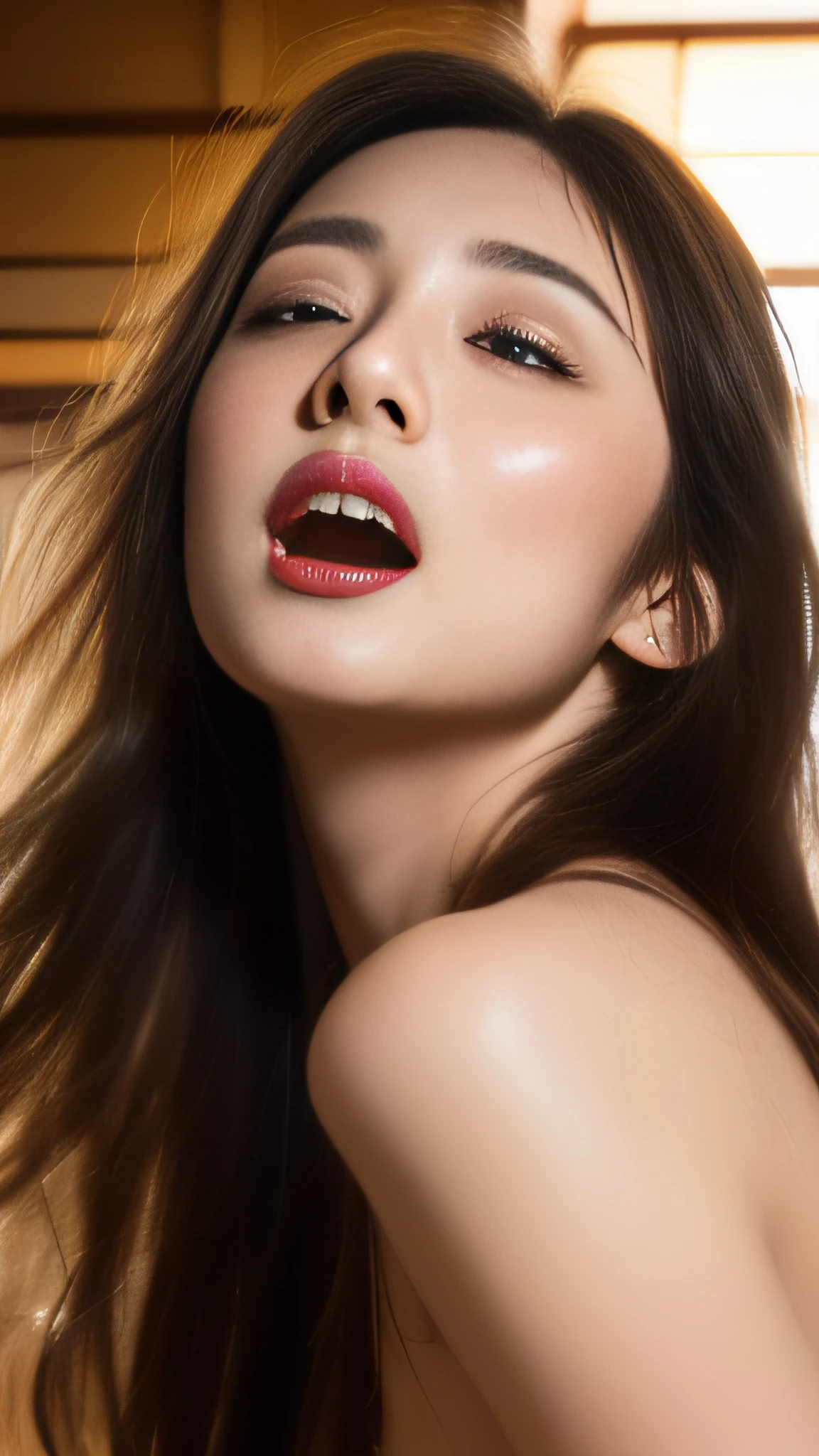 (The most beautiful face、japanes、Long hairstyle:1.5)、dishevled hair、Open your mouth very wide、The expression of climax、red blush、(Pure white skin:1.5)、half-open eyes