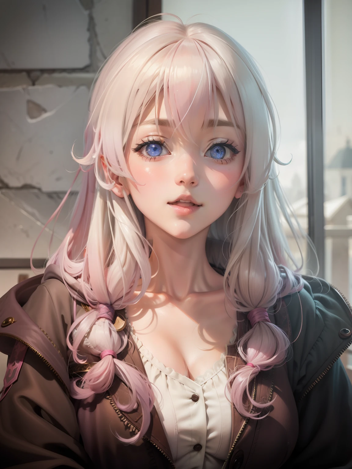 Anime Beautiful Girl,No bangs,Pink love pupils,Large breasts,cleavage