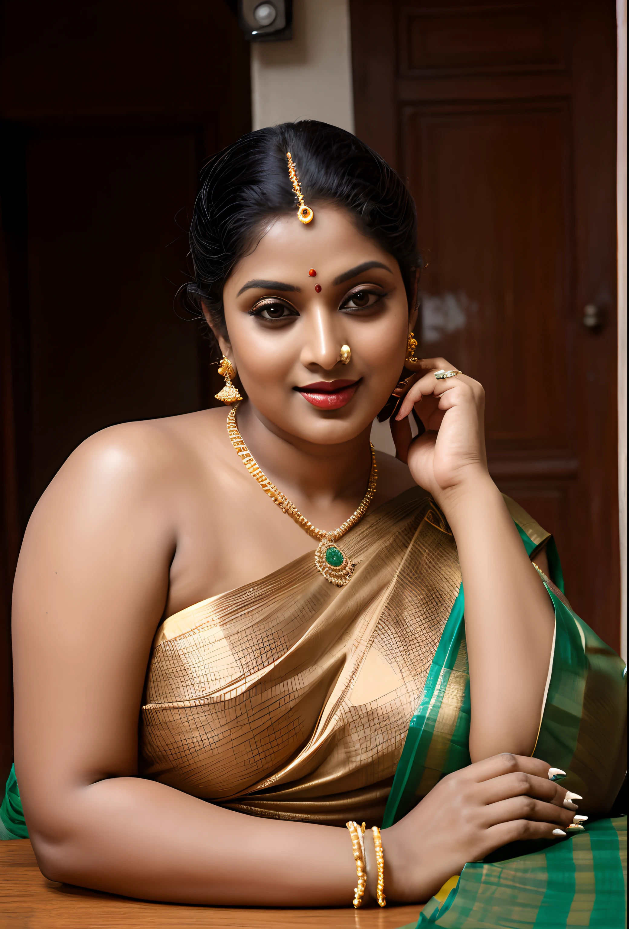 Photographic recreation shoot Inspired from art by mohanan manimala, modelshoot, modelshoot Inspired by art of mohanan manimala, pale skin, Beautiful lady, extremely gorgeous woman, mallu traditional wear, night party wear, wedding party wear, hot sleeveless blouse, sexy designer dress, designer blouse, designer sari, fashion saree, 35 years old, wearing palla, Indian traditional bandeau crop tops type bra, huge breast, milk tank, mallu woman, mallu actress, mallu aunty, mallu sari model, mallu actress, lusty, perfect thick body, fleshy figure, highly detailed, intricate, flawless, perfect face, perfect eyes, perfect fingers, round shaped face, curvy, hot, captivating, lusty, charming, attractive figure, mature woman, Kerala model, Kerala actress,