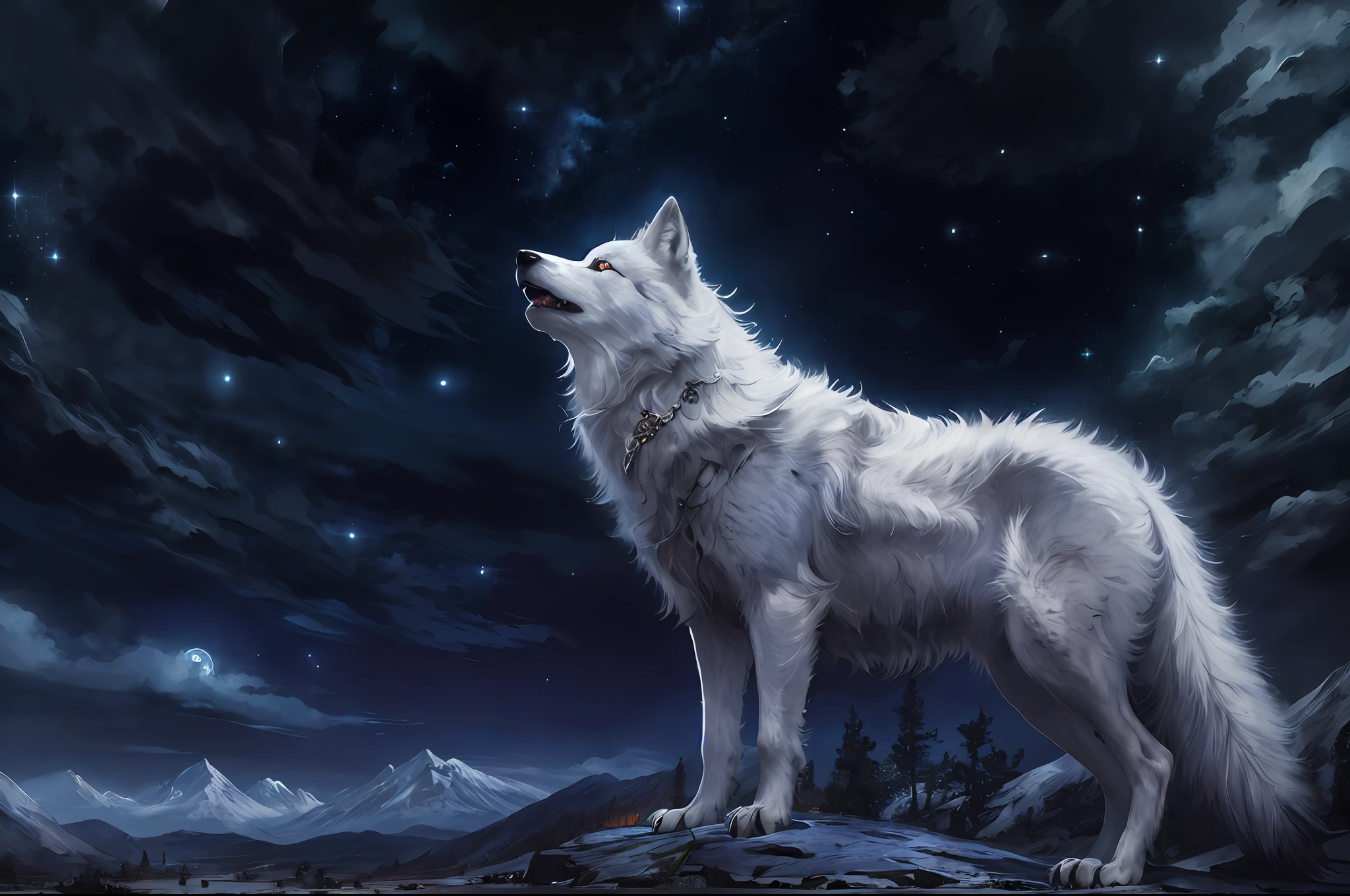 high details, best quality, 8k, [ultra detailed], masterpiece, best quality, gothic art, dark fantasy, (ultra detailed), full body, ultra wide shot, photorealism, an epic white wolf howling to the starry night sky, big epic white wolf , white fur (ultra detailed, Masterpiece, best quality), howling, red eyes  (ultra detailed, Masterpiece, best quality), night sky, starry night background (ultra detailed, Masterpiece, best quality,