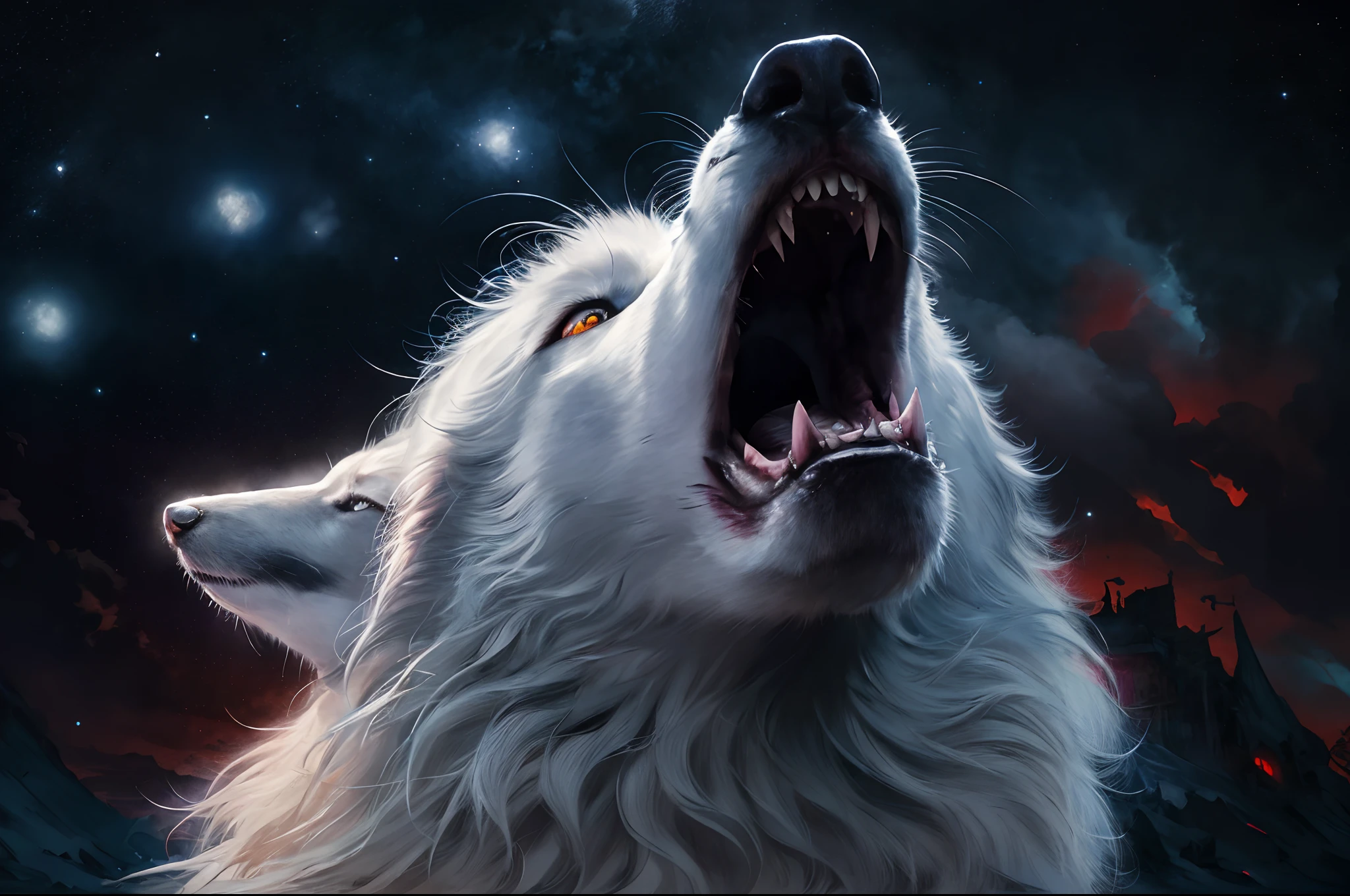 high details, best quality, 8k, [ultra detailed], masterpiece, best quality, gothic art, dark fantasy, (ultra detailed), full body, ultra wide shot, photorealism, an epic white wolf howling to the starry night sky, big epic white wolf , white fur (ultra detailed, Masterpiece, best quality), howling, red eyes  (ultra detailed, Masterpiece, best quality), night sky, starry night background (ultra detailed, Masterpiece, best quality,