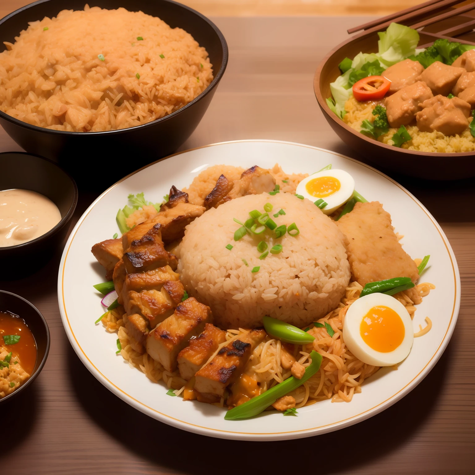 Sate, nasi goreng, gado gado, Indonesian food, realistic image, 8K,