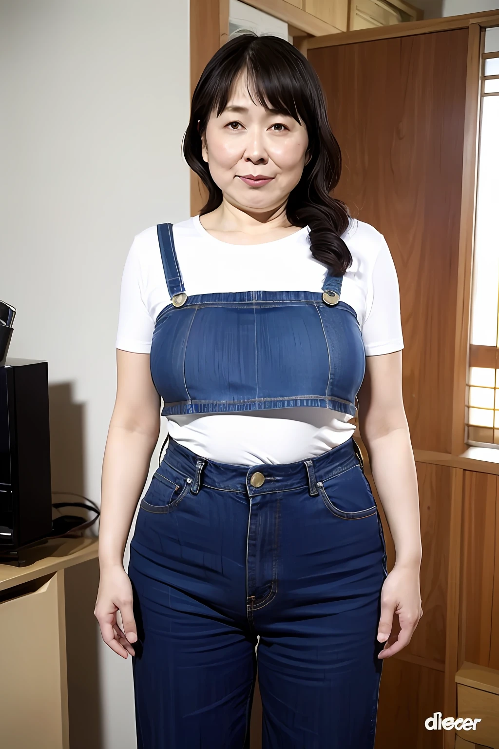 japanes、45 yers old、mothers、A Japanese-style room、Dumpling hair、tee shirt、denim pant、(Bare navel:1.4)、depressive、brassier、Bigboobs、BBW、Protruding 、
