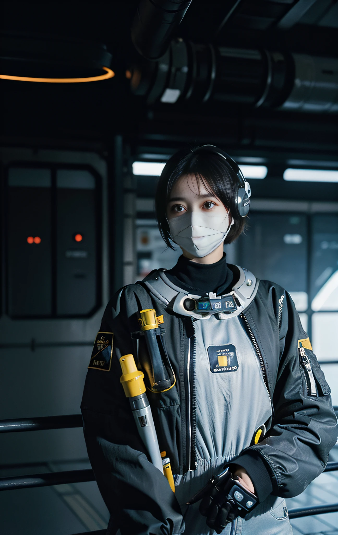 Highest image quality, outstanding details, ultra-high resolution, (realism: 1.4), ((cowboy shot)), the best illustration, favor details, highly condensed 1girl, (cyberpunk, cyborg), a delicate and beautiful face, (short hair), (wearing baggy spacesuit with ring-helmet-disconnecter, attached black and gray mecha, yellow pipes and codes, flanges on spacesuit), (cyberpunk mask), (mark radioactivity-hazard-symbol), ((revealed only head)), ((sorrow)), nobody rocket-launcher platform