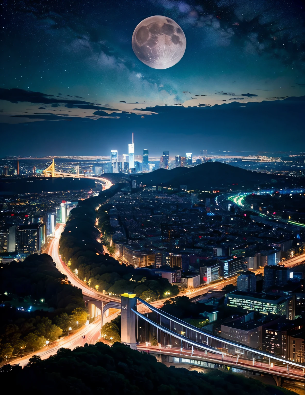 fantastic landscape、top-quality、A city scape、Including the sky、starrysky、natta、Big Moon、Moonlit cityscape、Buildings、There are no people