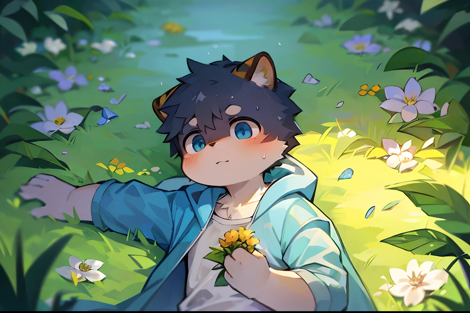 Masterpiece, Best quality, Perfect ???????, Watery eyes, author：Milk Tiger 1145, author：K0bit0wani, Furry, coyote, (Phyllis:0.3), Muscular male, Solo, wears, baggy clothes, wet fur, (Translucent raincoat:1.1), (holding flower:1.1), Lying, bird's eyes view, Grass, rain, Eau, Rained，((Boy，Shota))