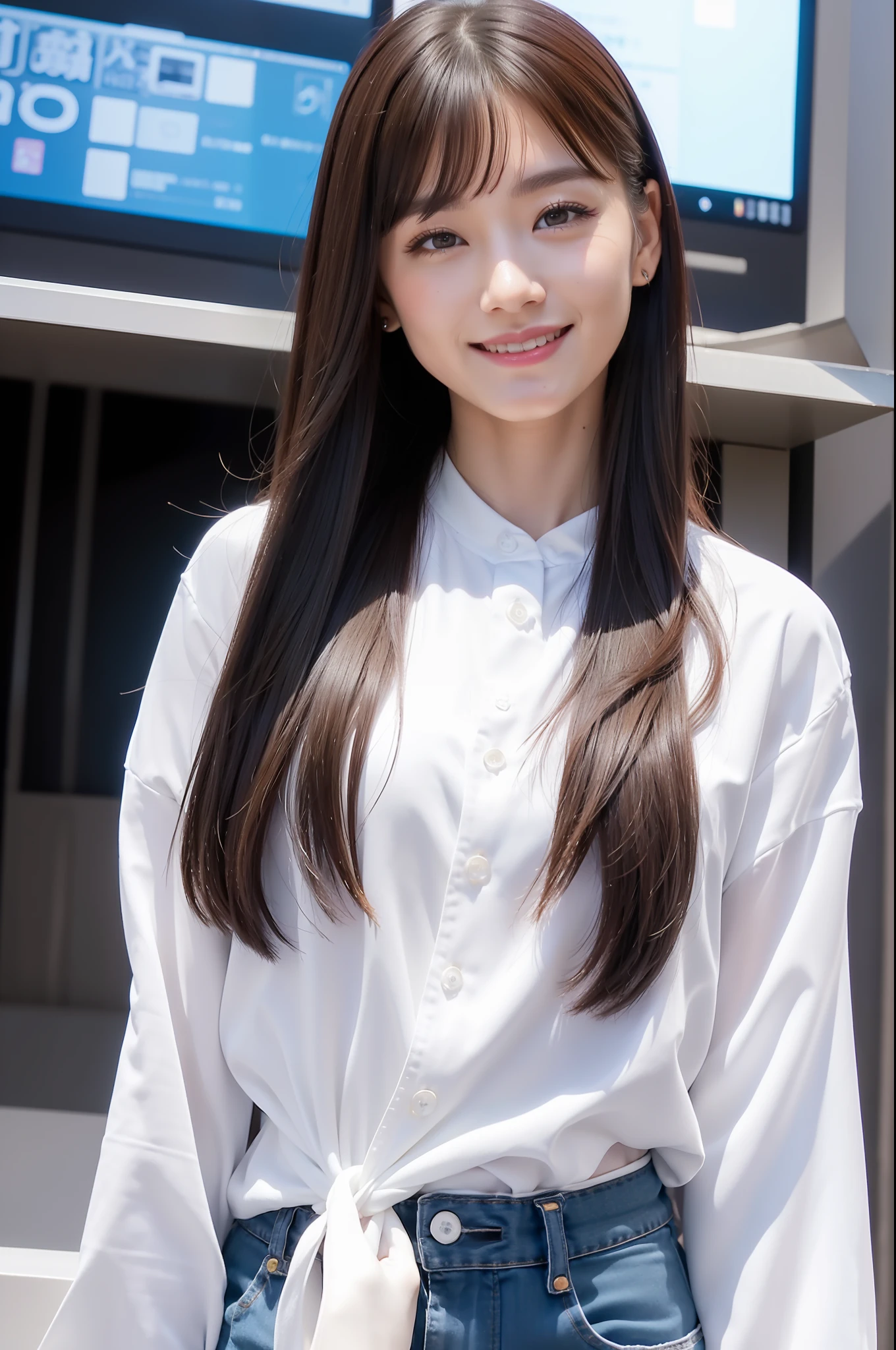 1girl in、japanes、a picture、(Photorealsitic、hight resolution:1.4)、Staring at the viewer、(8k、RAW Photography、top-quality、masterpiece:1.2)、(realisitic、Photorealsitic) :1.37)、(foco nítido:1.2)、Professional Writing、photon maping、Radio City、Physically Based Rendering、(de pele branca:1.2)、Viewer's Perspective、(Middle hair:1.5)、portlate、bangss、(symple background:1.4)、独奏、realisitic、(masterpiece:1.4)、(top-quality:1.4)、(glowy skin)、fashionGirl、makeups、very smiling、Skinny、(Standing、long sleeved shirt)、Regular Bust、Driving a car