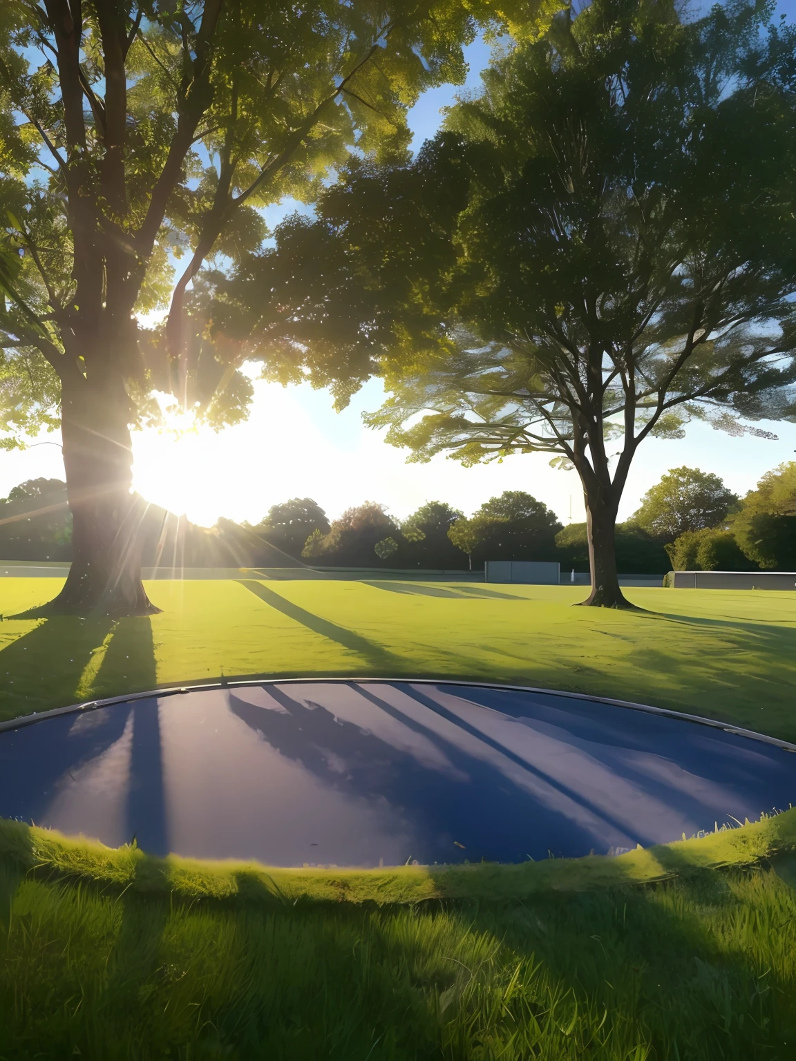 (Photorealistic), (Ultra-realistic), (hyper HD), (hyper-high detail), Midsummer sun, (The sun is high), Very blue sky, Lawn surrounded by trees, Draw the sun in the middle of the campus, No one is here, No Man, (Close-up of the sun)