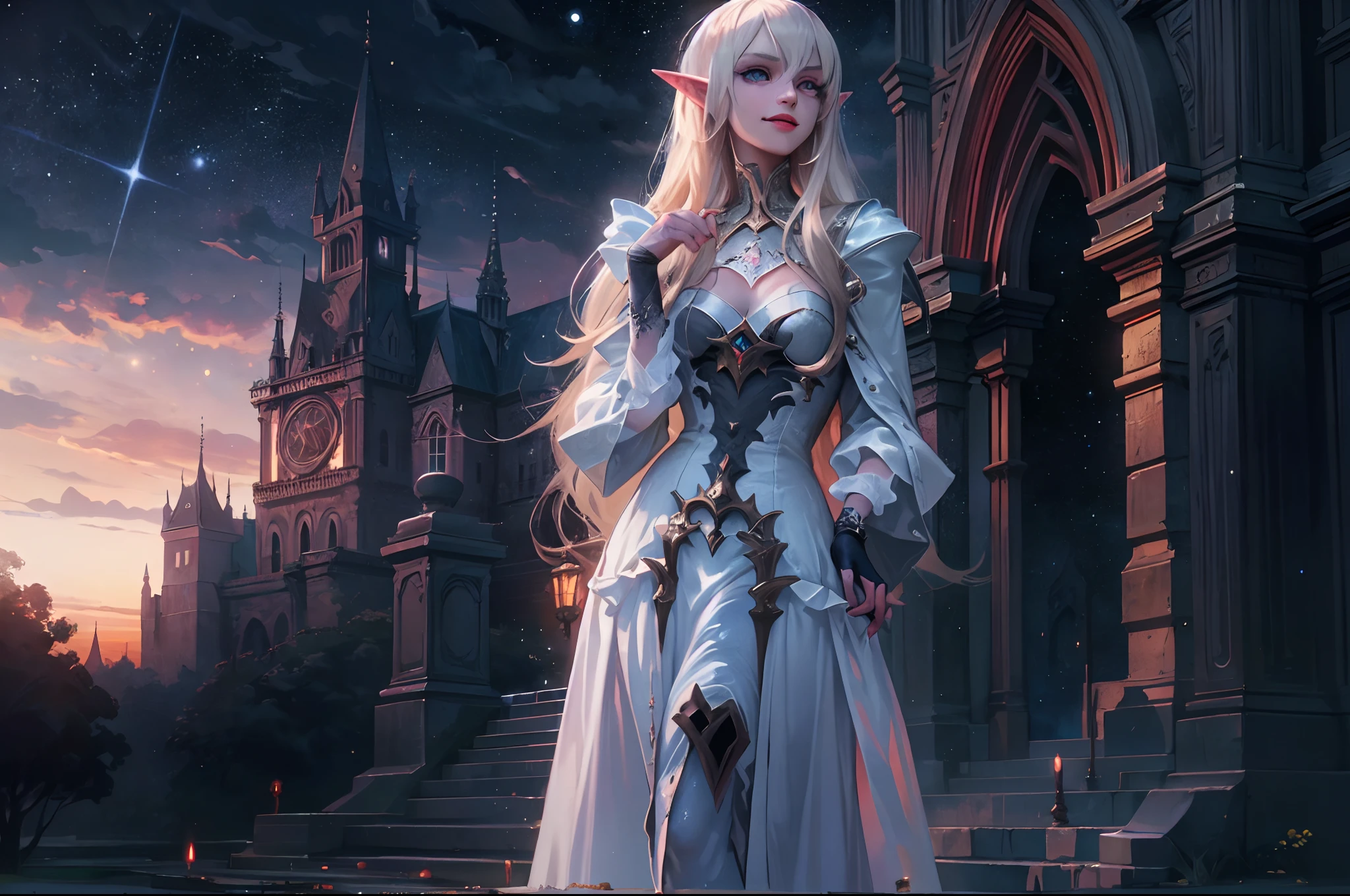 a picture of vampire elf in her castle, an exquisite beautiful female vampire elf standing under the starry night sky , full body (ultra detailed, Masterpiece, best quality), ultra detailed face (ultra detailed, Masterpiece, best quality), grey skin, blond hair, wavy hair, blue eyes, cold eyes, glowing eyes, intense eyes,  small pointed ears, smirking, smile with [[drops of blood on face]] (ultra detailed, Masterpiece, best quality), dark red lips, [vampire fangs], wearing white dress (ultra detailed, Masterpiece, best quality), dark blue cloak, high heeled boots [[in starry night sky]], sky full of stars background, high details, best quality, 8k, [ultra detailed], masterpiece, best quality, (ultra detailed), full body, ultra wide shot, photorealism, dark fantasy art, gothic art, many stars,  gothic art, sense of dread,
