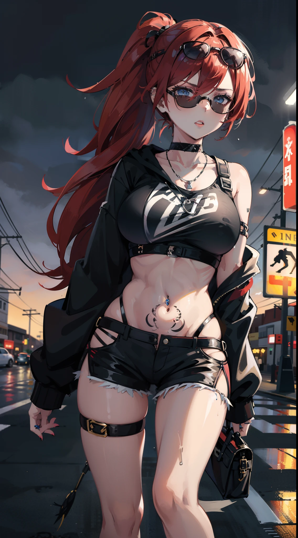 1 girl, solo, red hair, short ponytail, blue eyes, drizzling, sunglasses, roadside, zebra crossing sunglasses, roadside, zebra crossing ,under the lamp post, night, black jacket, vans shorts, black crop top, bare shoulders, necklace, piercings, big boobs,belly tattoo, hand tattoo, rain, wet, umbrella