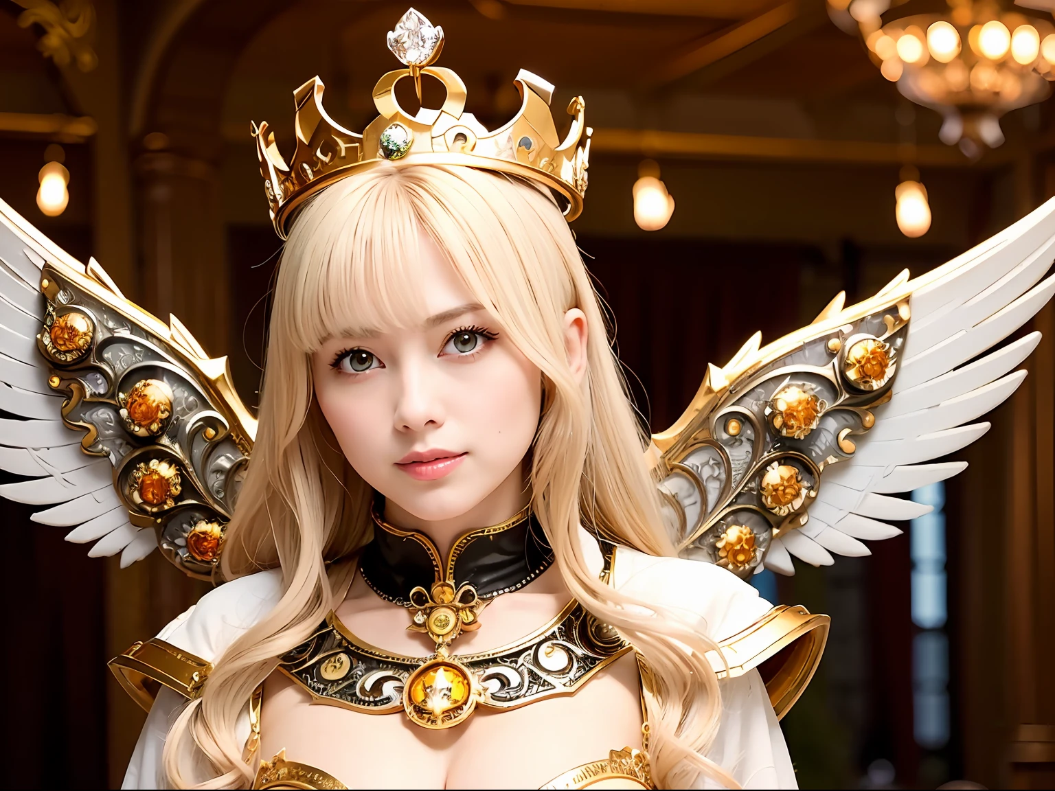 (masutepiece), Professional , ​masterpiece、top-quality、photos realistic , depth of fields （Gemstone Silver Metal Body:1.９),(Matte White、（Interior background of a luxurious castle）、Jewel Gold Weapon、（Flying in the sky),Gorgeous metal weapons,(Detailed and realistic angel white wings) , Detailed Sword of the Brave , Beautiful knife 、delicated face、20 years girl  ,warhammer 40k , adepta sororitas,Detail and ornate jewel crown、a blond、(Gangle's forest background)、Beautiful Caucasian beauty、１a person、dynamic ungle,(((Detailed and ornate diamond crown)))、Smaller head、A smile、Powerful poses、（Gorgeous castle background）、Beautiful thin fingers of a woman、cleavage of the breast、