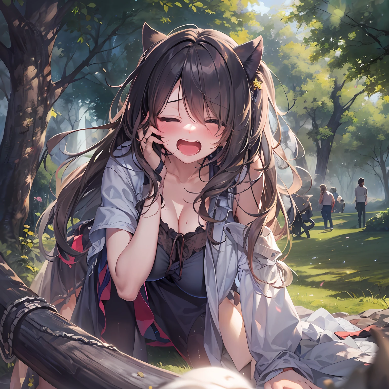 top-quality、masterpiece、超A high resolution、(Photorealsitic:1.4)、One girl yawning in the park、Panting face、A dark-haired、Functional、Bewitching、Dramatic Lighting、full body Esbian、maikurobikini、huge-breasted、Getting from behind、a park、Pubic hair shows through、all-fours、blushed face、Functional、Nasty、the kiss
