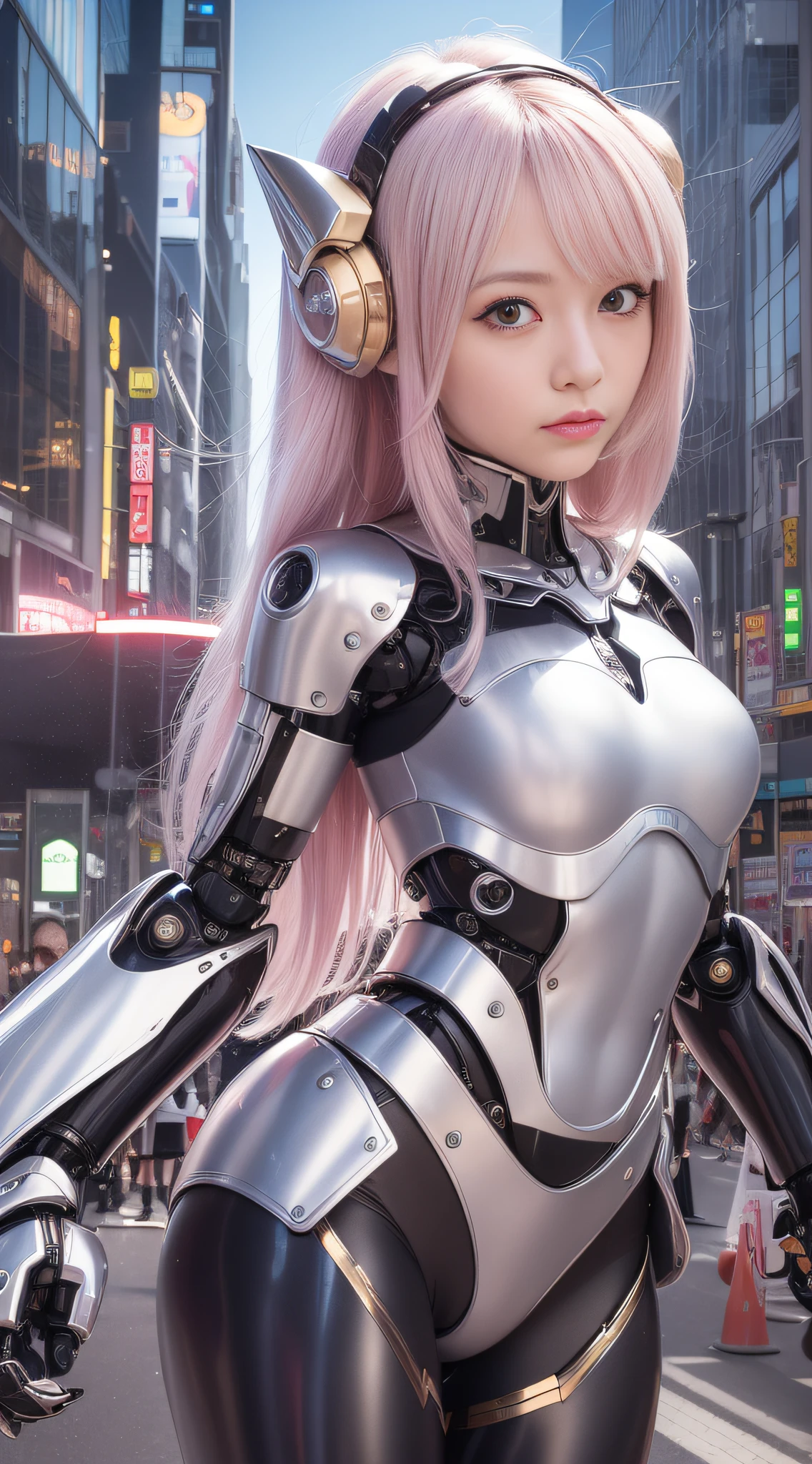(Photorealsitic:1.4)、Onegirl、(top-quality)、(hyperdetailed face)、(Super well-formed face)、((Robot Parts))、(Cyborg girl)、(Silver)、(metalic)、(fullllbody)、(sexy  pose)、(Slender body)、(Model body type)、(mecha exposure)、(akihabara)、(is looking at the camera)、(A dark-haired)、(１０Head and body)、(a small face)、(Idol)、(front facing)、(is standing)、(Banzai pose with open arms)、(Photo session)、(Looks sad)、(Cyborg girl in pale pink satin dress)、(Golden button)、(sleeve less)、(a miniskirt)、(a belt)