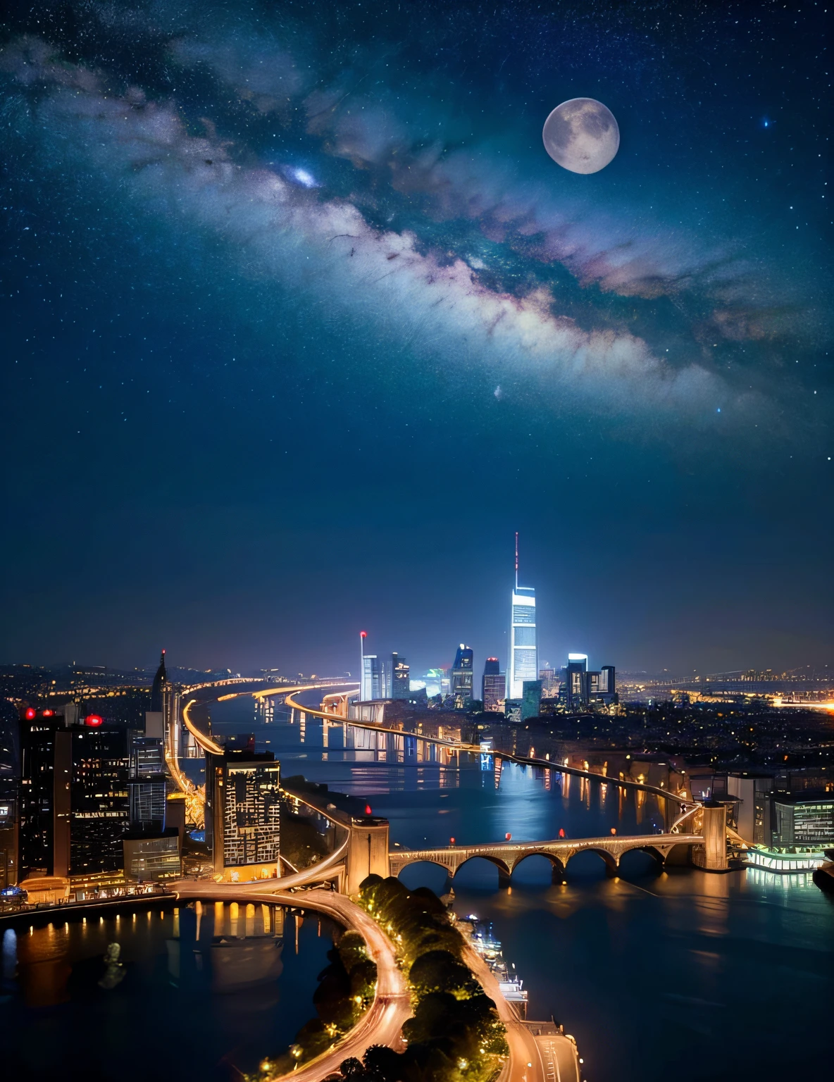 fantastic landscape、top-quality、A city scape、Including the sky、starrysky、natta、Big Moon、Moonlit cityscape、Buildings、There are no people