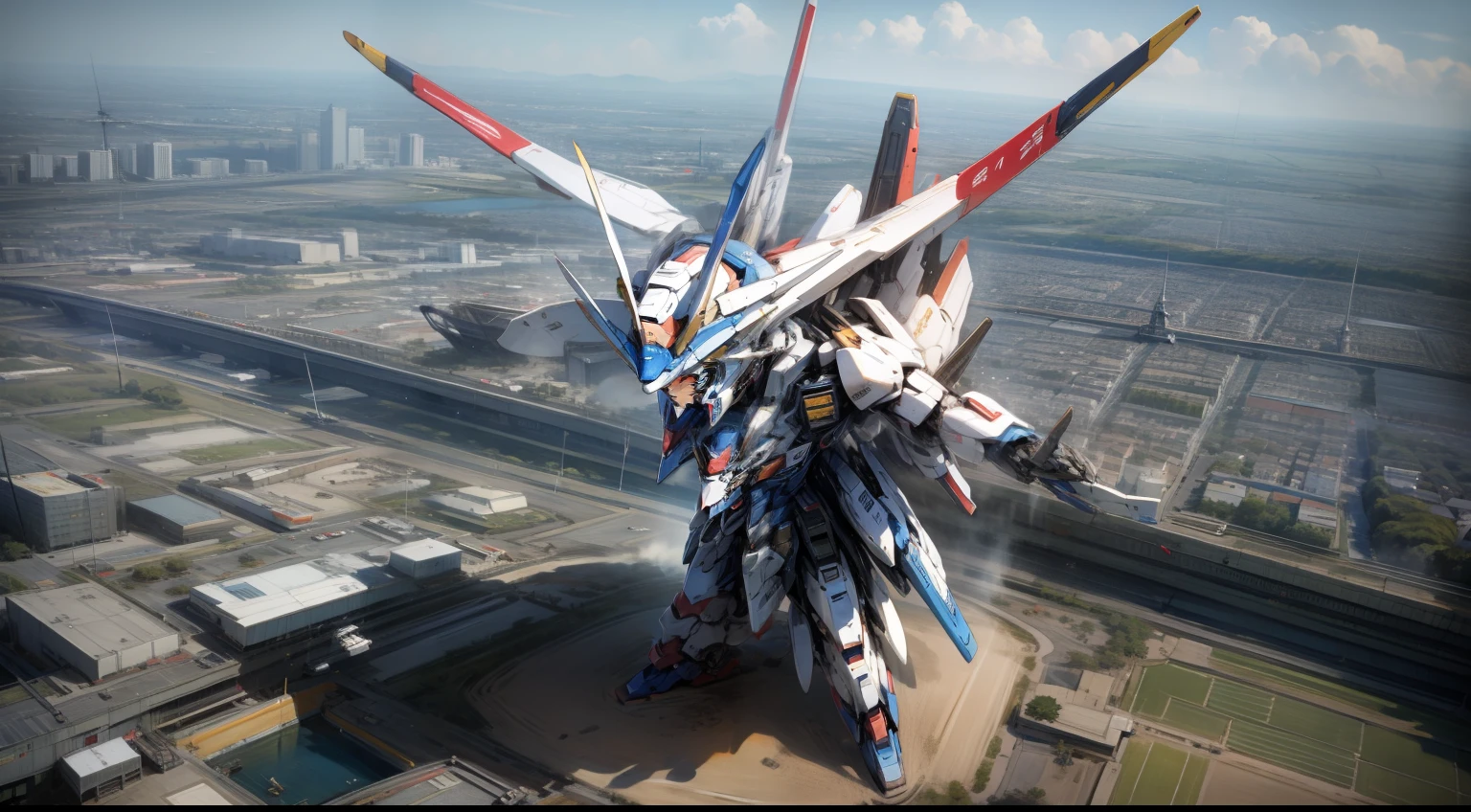 Gundam standing in the background of Yokohama Pacifico、Aerial photography with a wide-angle camera、high-detail、