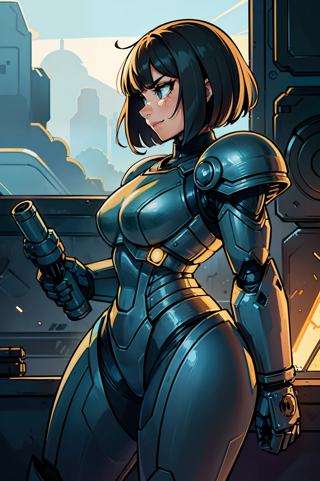 a cartoon picture of a woman in a futuristic suit with a gun, sexy, professional artwork, detailed eyes, beautiful eyes, beautiful face, flawless face, gorgeous face, smooth features, blush, thick thighs, beautifully detailed background, sci-fi, science fiction, future, neon lights, space ship interior, space ship, space, space visible through window, outer space, mechanical background, power armor, power suit, armored, armor, cyberpunk, cyborg, cyborg woman, cybernetics, cybernetic, robot, robotic arm, robotic leg, smiling, short hair, black hair, black armor, heavy armor, mecha suit, retro armor, bare metal armor, rust, dark armor suit, armor suit, metal breastplate, fully armored, full plate, power armor, fully covered, voluptuous, curvaceous, thicc, masamune shirow, three quarter view, from side, sprinting