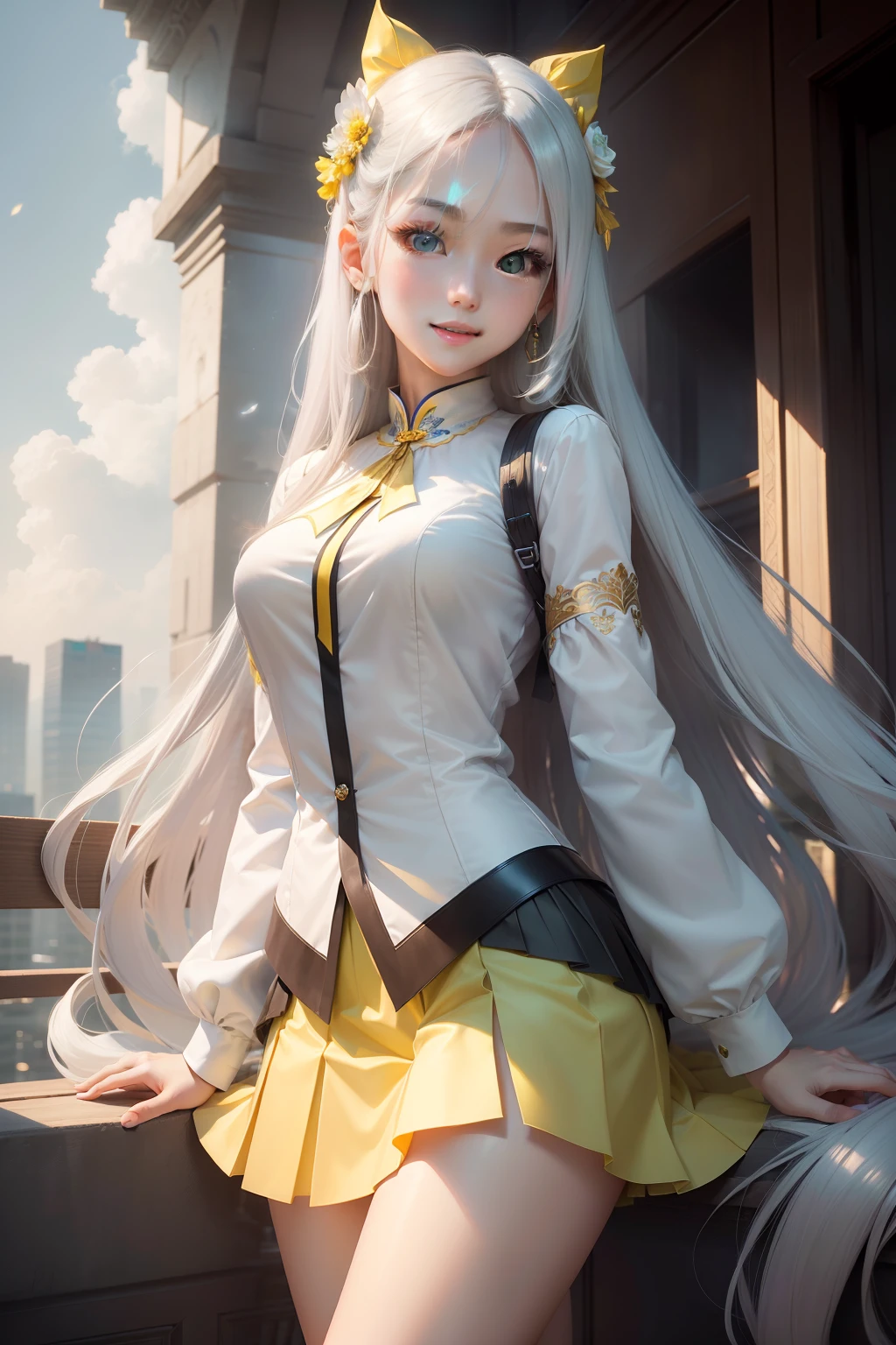 official art, masterpiece, sharp focus, (beautiful gorgeous cute korean woman:1.3), (beautiful cute korean:1.3), Korean beauty, delicate beautiful hair and eyes and face, realistic, super detailed, beautiful girl, blue sky, glowing white particles, (side light:1.2), sunlight, white clouds, detailed clouds, slender, cute girl, smile with teeth, ((smile with eyes, open eyes)), landscape, long straight hair, sexy facial expression, architecture, (City view: 1.7), Dynamic hair, Very long straight hair, Detailed platinum silver hair, Glowing green eyes, (pink pleated shirt + yellow skirt), White stockings, Pale skin, Hair accessories, Epic landscape,