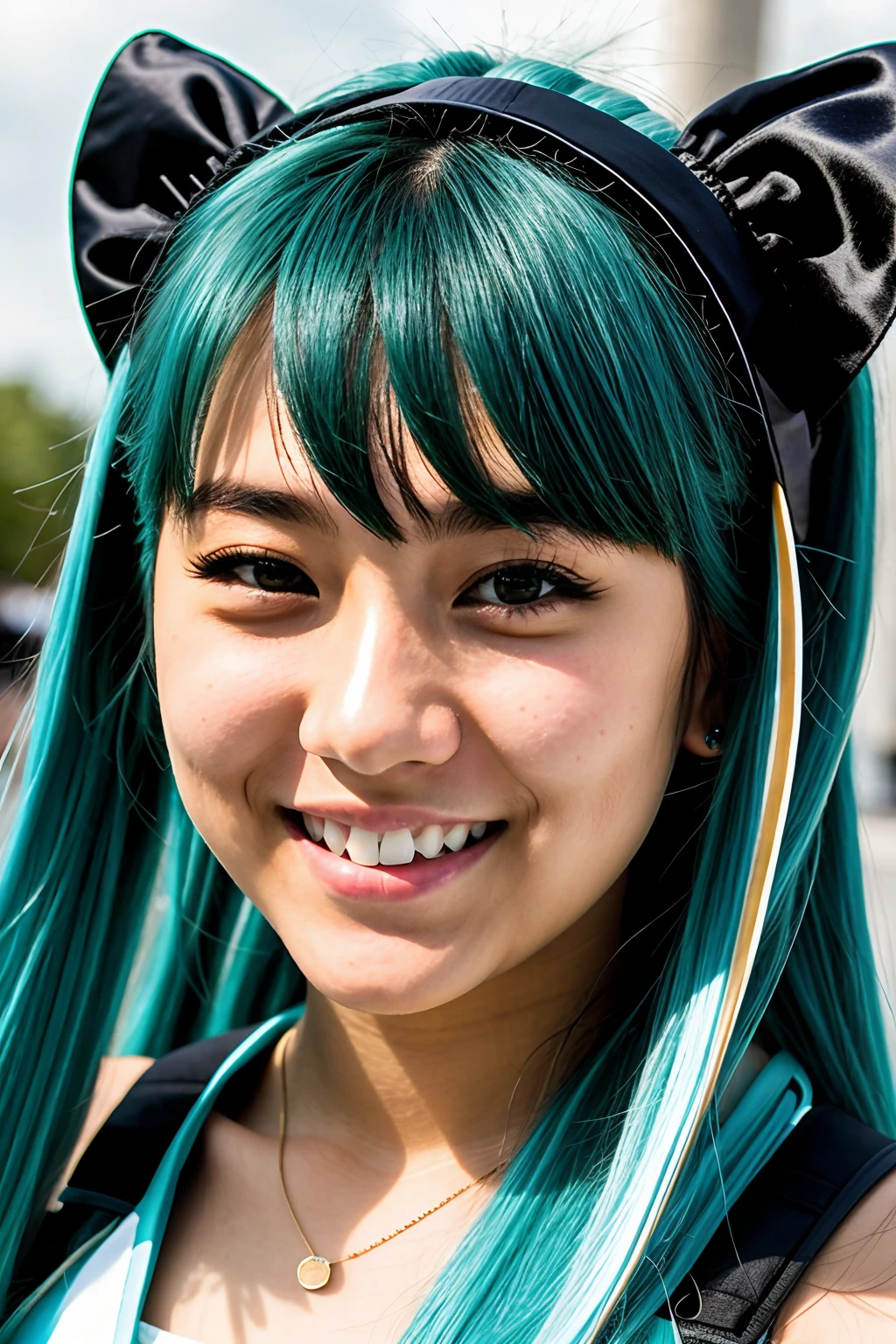 instagram photo, closeup face photo of Young Adult Thai-Germany girl, in Hatsune Miku Costume, (smile:0.4), hard shadows
