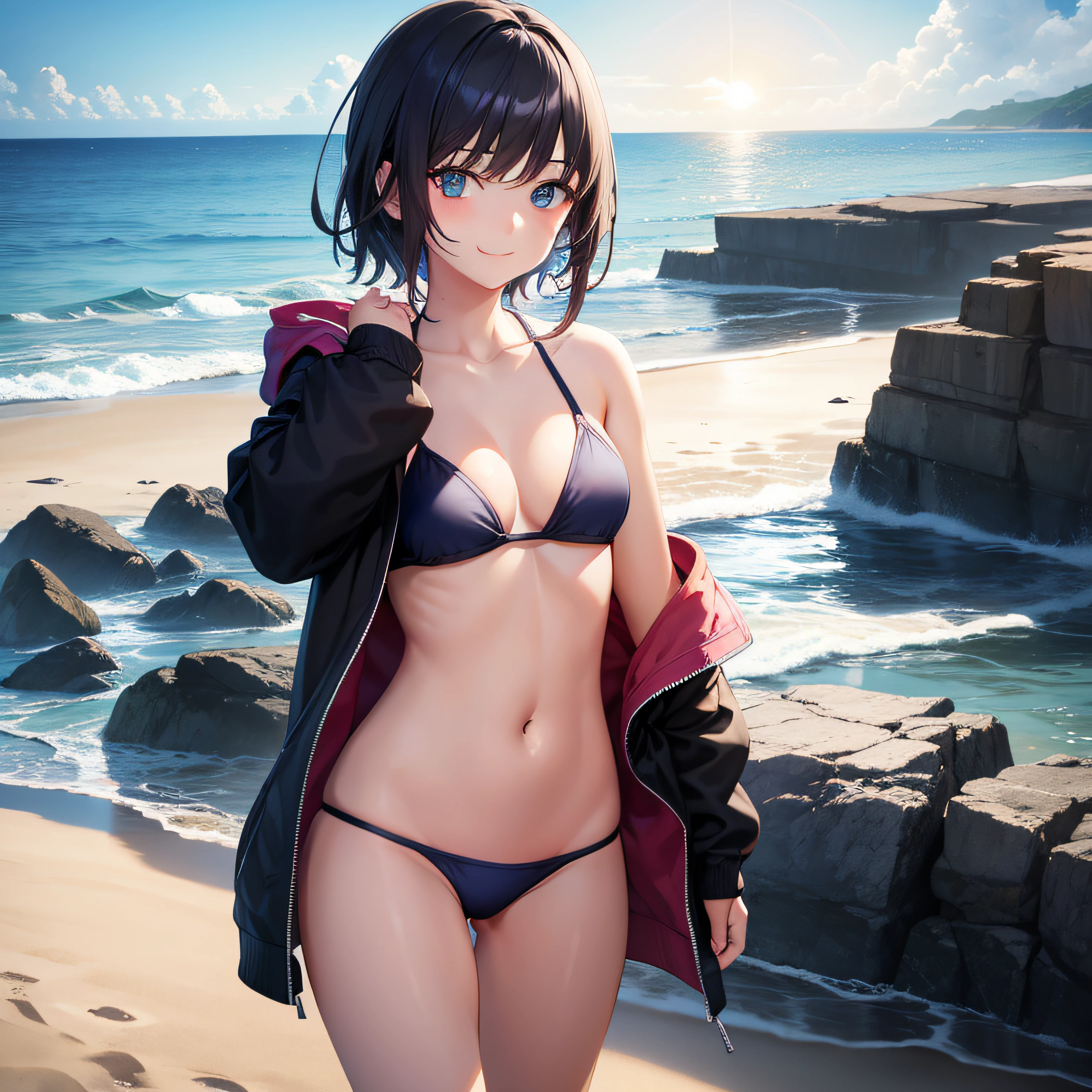 {1girl in, swim wears, The bikini, wearing hoodies, Shorthair, blue eyess}, {mare, the setting sun, Beach}, {hugging own legs, Looking here, Smiling}, concept-art, beautiful anime scene, Beautiful anime scenery, top-quality, ​masterpiece