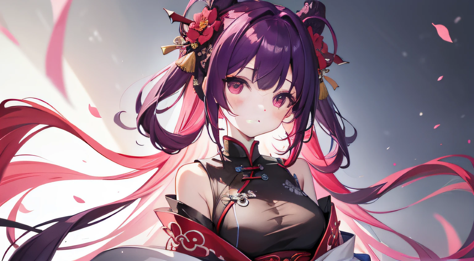 best qualityer,tmasterpiece,Ultimate resolution,downy,Extremely colorful,Colorful,one-girl,red color eyes,Purple hair pulled back,On the left and right sides of the head is a pink flower,Wearing red ancient Chinese clothing,cropped shoulders,Streamers,火焰,dense smoke,illumination,The meeting point of light and dark