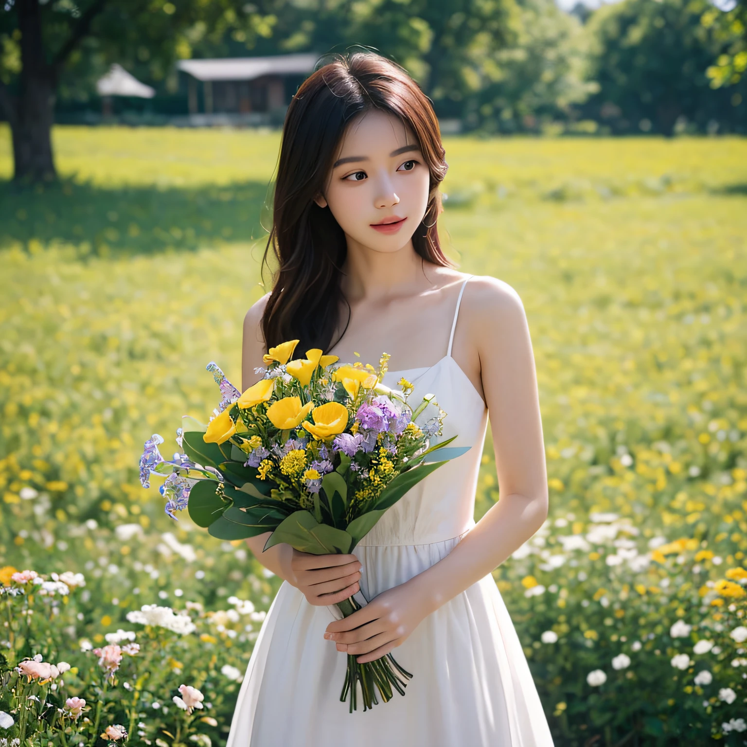 best qualtiy,tmasterpiece,超高分辨率,(真实感:1.4),RAW photogr,1girl,white dresses,cropped shoulders,blooming flower field,Glowing skin,Face away from the camera,Holding a bouquet of flowers