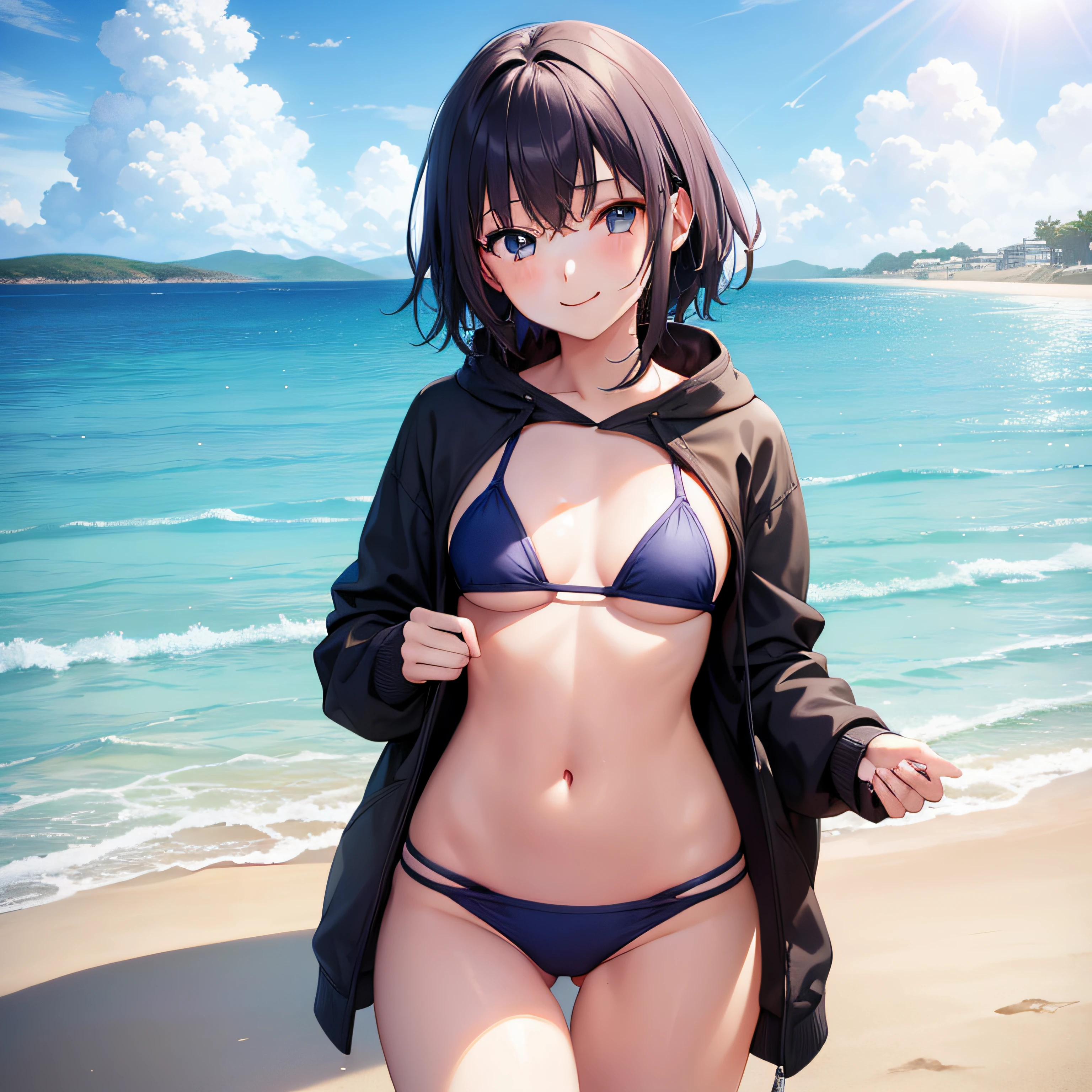 {1girl in, swim wears, The bikini, wearing hoodies, Shorthair, blue eyess}, {mare, the setting sun, Beach}, {hugging own legs, Looking here, Smiling}, concept-art, beautiful anime scene, Beautiful anime scenery, top-quality, masterpiece