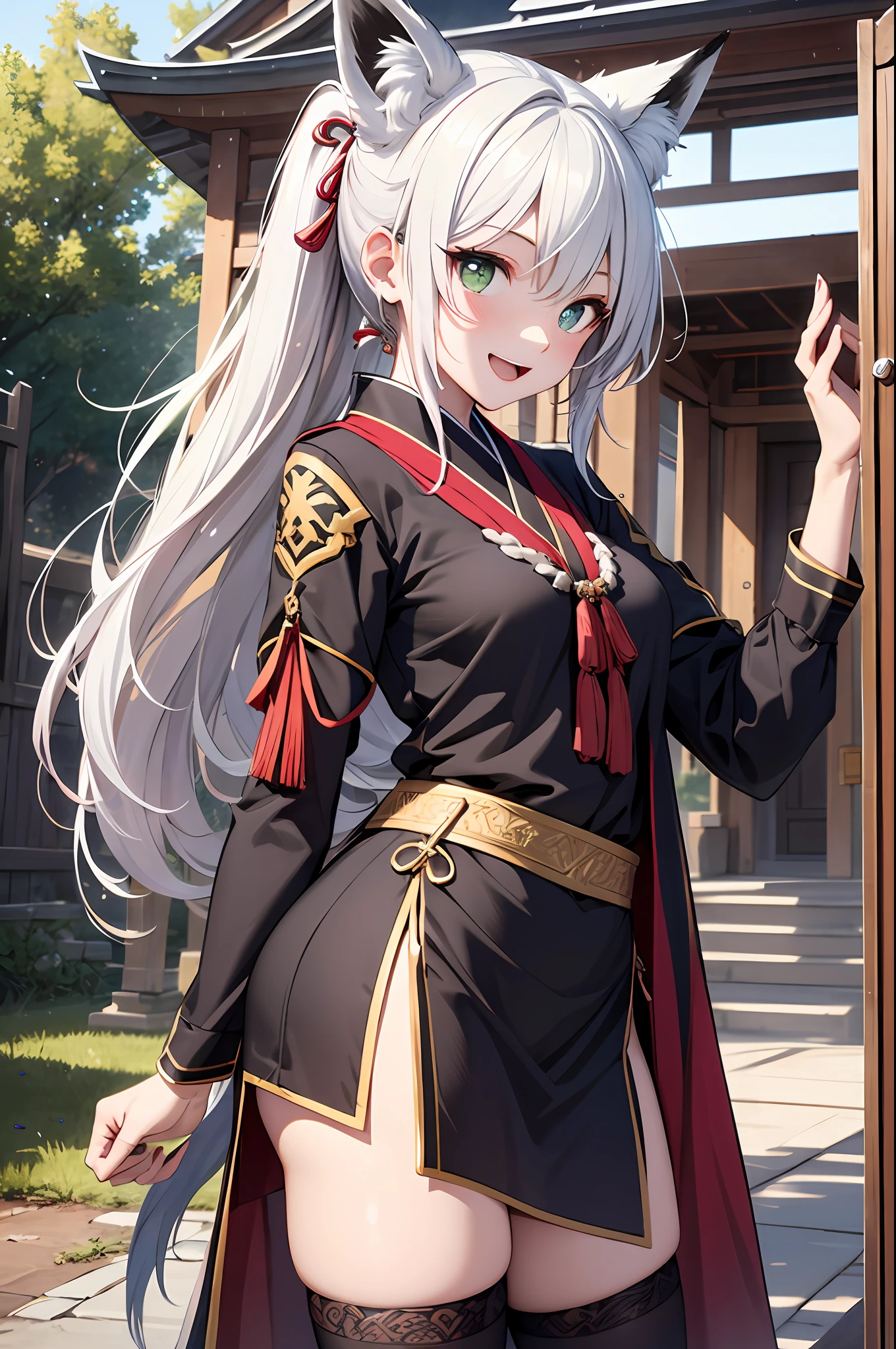 (extremely details CG、Unity、8K Wallpapers)、(extremely delicate and beautiful)、(​masterpiece)、(top-quality:1.0)、(超A high resolution:1.0)、beautiful  lighting、perfect lightning bolt、realistic shadow、[hight resolution]、Detailed skin、ultra-detailliert、detailed faces and eyes、Realistic eyes、Sharp pupils、sideshot、cowboy  shot, (jpn、Shrine 1.4)、Red torii gate、beauitful face、blurry backround、 beautiful girl、shinny skin, (１The fox tail of the book grows:1.4)、Beautiful silver hair、short-hair、(poneyTail:1.2)、green colored eyes、Fox ears、hair adornments、Smile with open mouth、Curve、(Priestess Costume 1.2)、a miniskirt、wearing kneesocks、