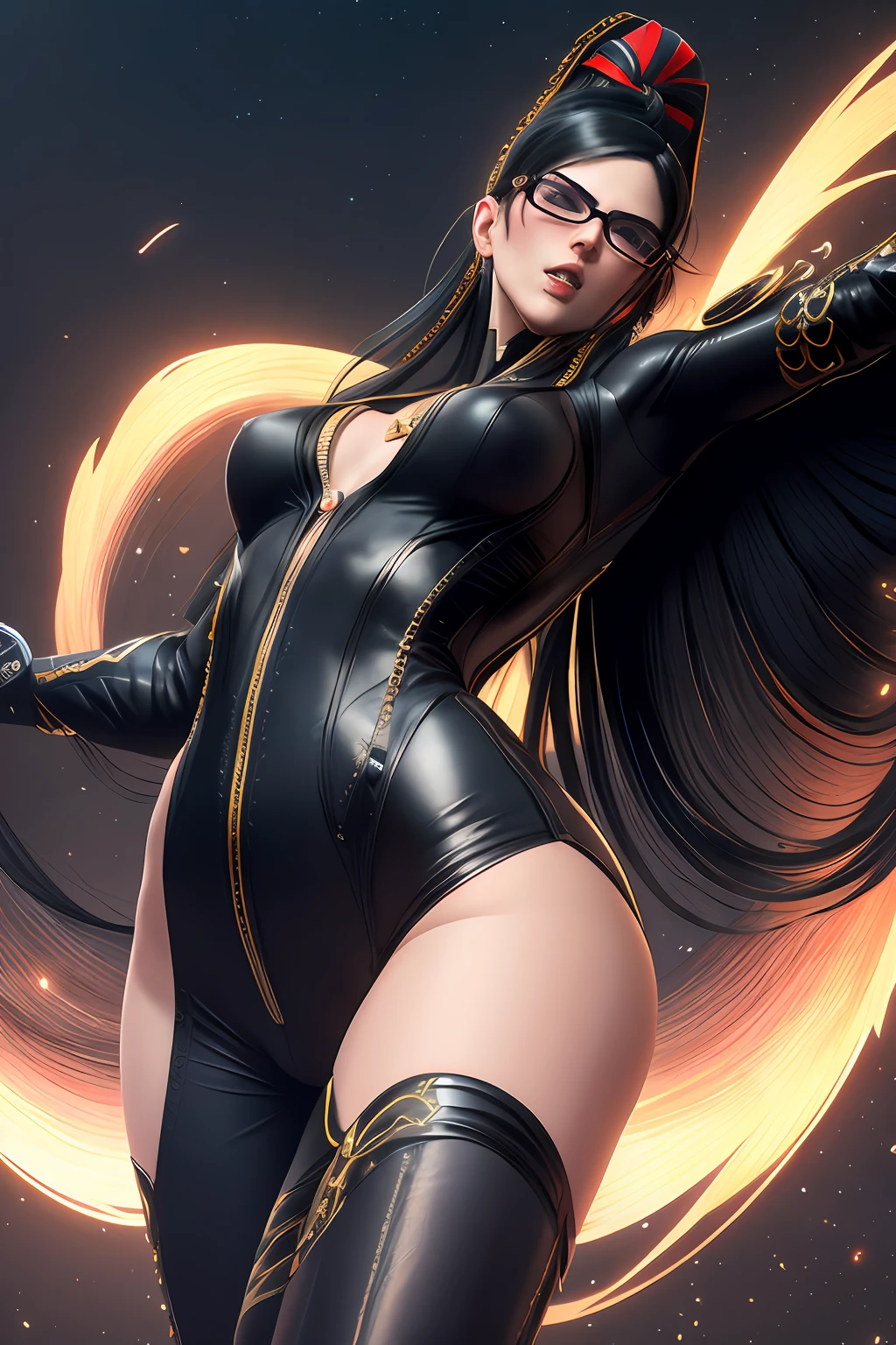 (SFW:1), masterpiece, 8k, best quality, highly detailed, 1girl, Bayonetta in her black catsuit, flying through the air, angels behind her, detailed background, from below