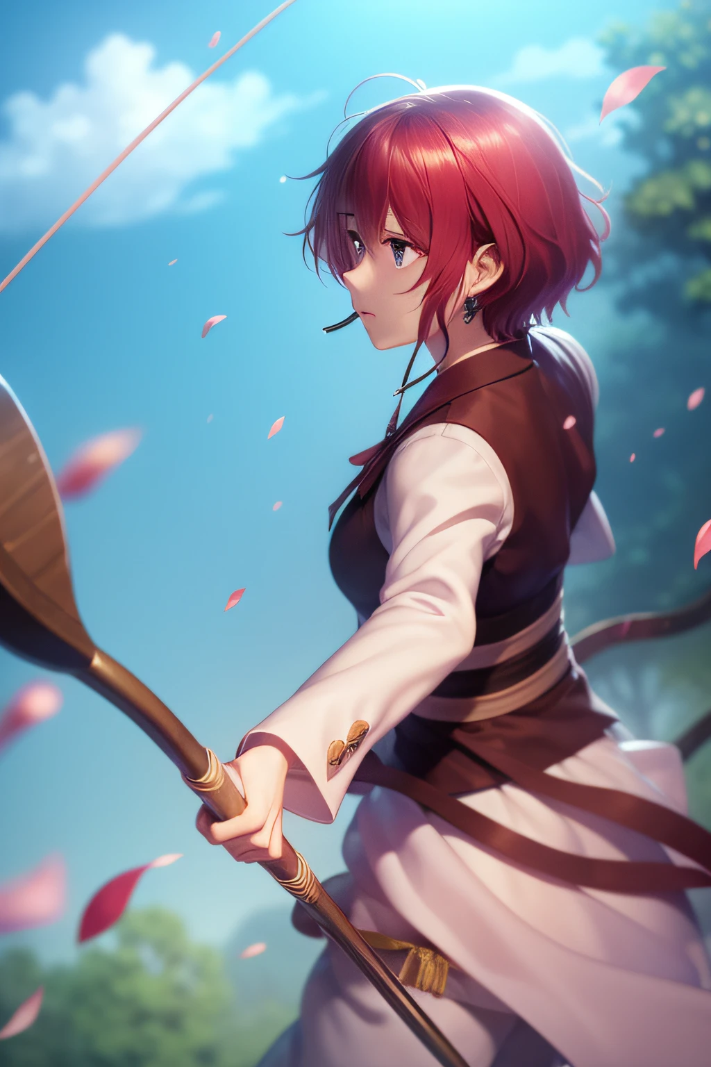 (((Best quality))), ((Ultra-detailed)), ((illustration)), ((Disheveled hair)), ((frilld)), (1 girl),(Solo), aiming, arrow_(projectile), bow_(weapon), branch, cherry_blossoms, drawing_bow, falling_leaves, falling_petals, flower, hanami, holding, holding_arrow, holding_bow_(weapon), holding_weapon, leaves_in_wind, looking_at_viewer, petals, petals_on_liquid, rose_petals, spring_(season), tassel_earrings, weapon, wind, rating:safe, the_bow, bow_and_arrows, short_hair, gradient, gradient_background, light_particles, spear, blue_sky, broom, cloud, day, fishing_rod, microphone_stand, polearm, sky,